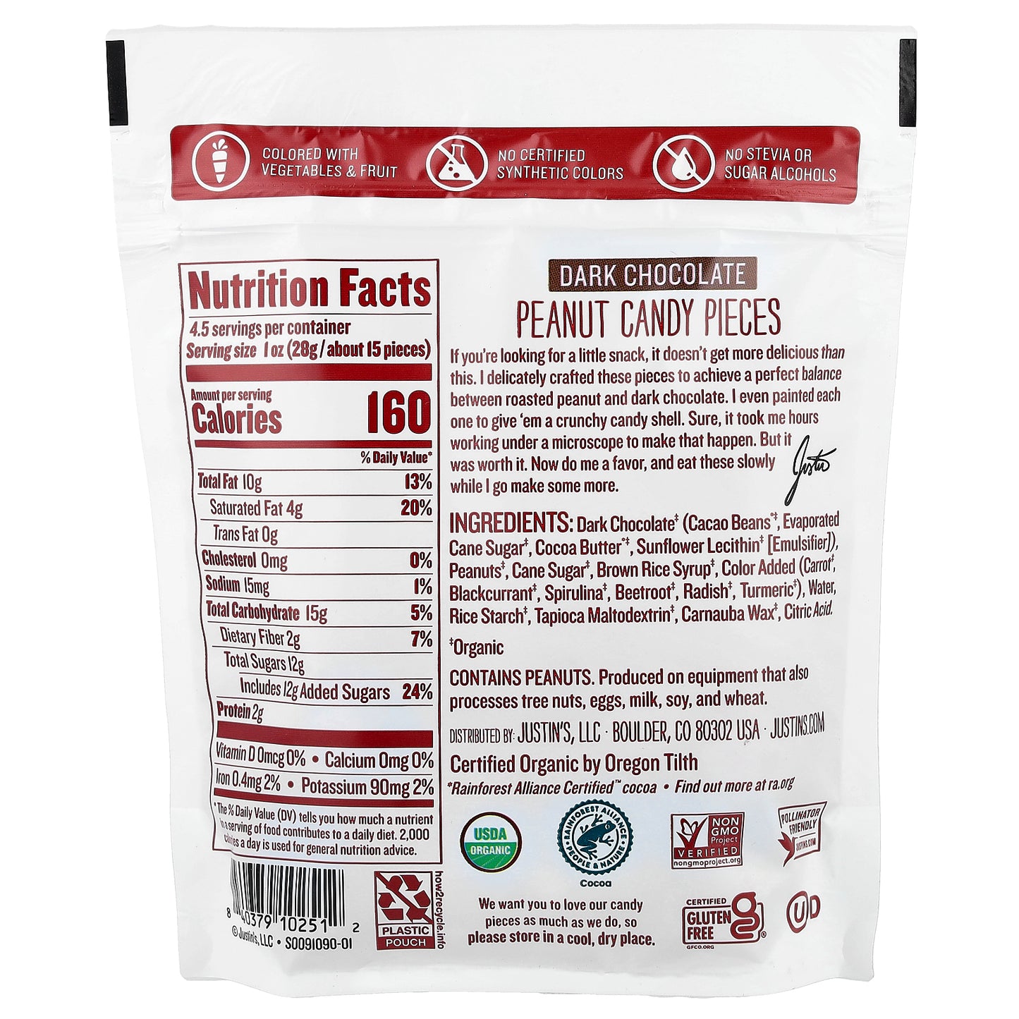 Justin's Nut Butter, Organic Peanut Candy Pieces,  Dark Chocolate, 4.5 oz (128 g)