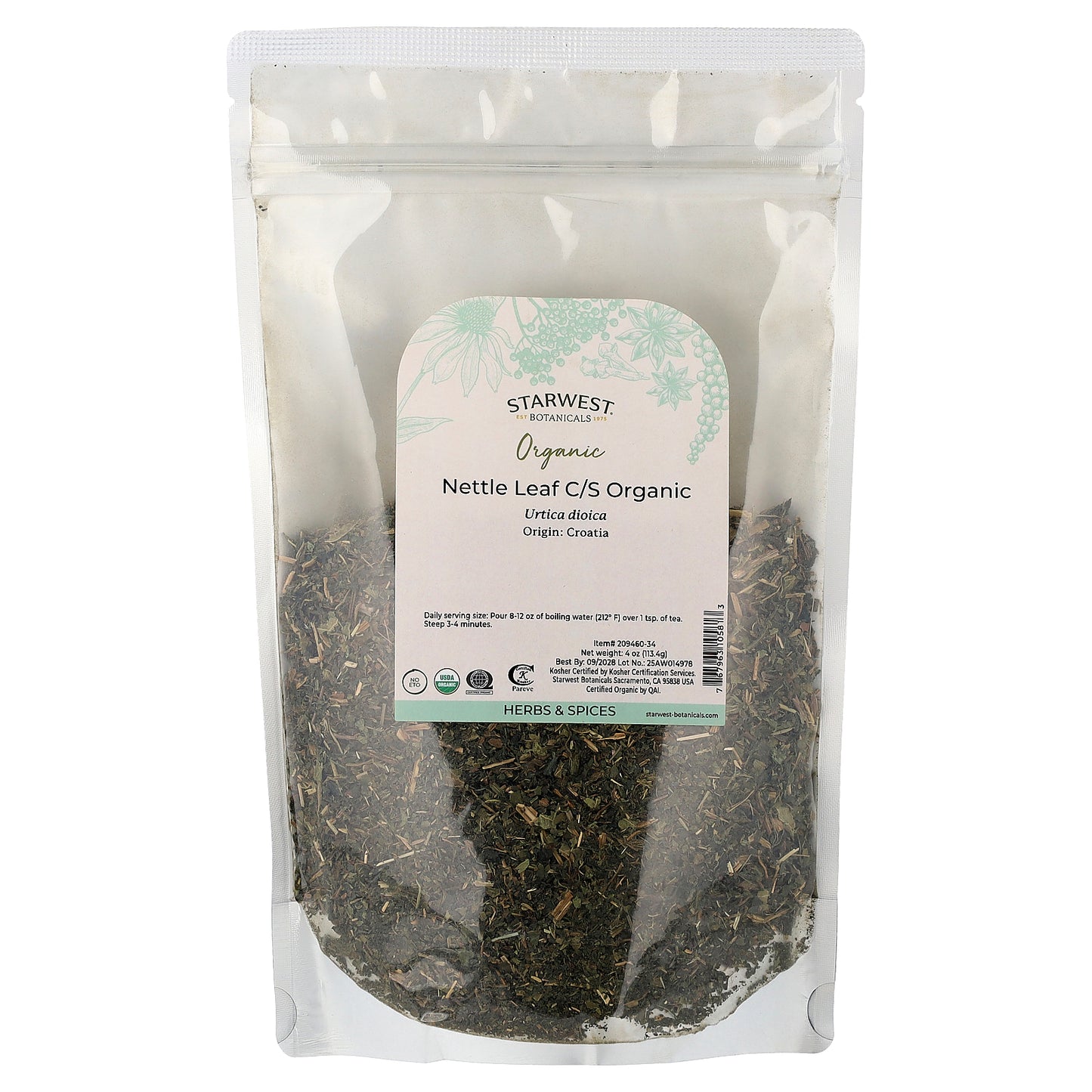 Starwest Botanicals, Organic Nettle Leaf, Cut & Sifted, 4 oz (113.4 g)