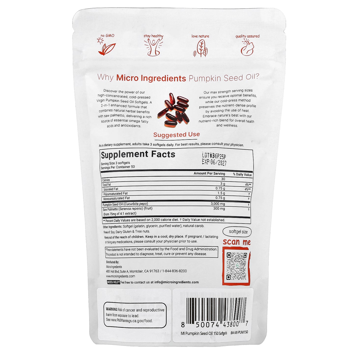 Micro Ingredients, Pumpkin Seed Oil, 3,000 mg, 150 Softgels (1,000 mg per Softgel)