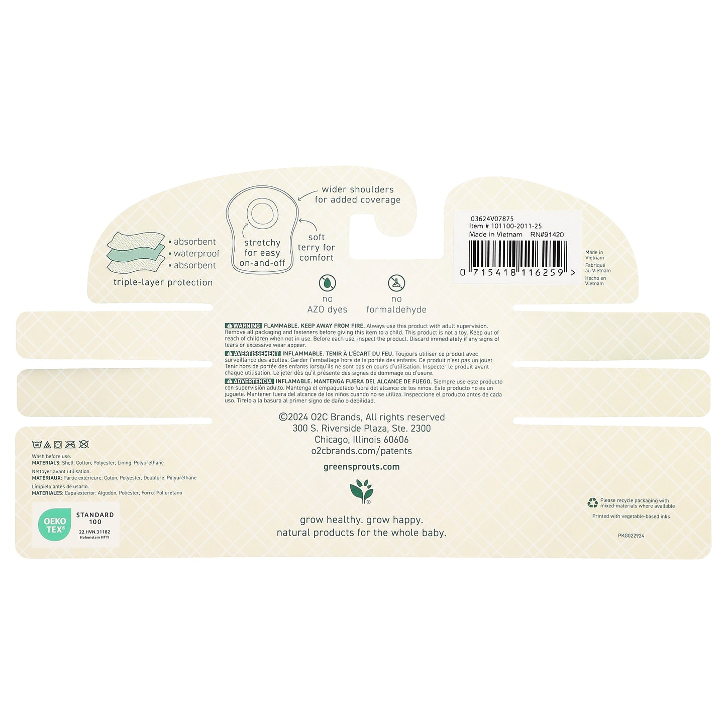 Green Sprouts, Stay-Dry Pull-Over Bibs, 9-18 Months, 3 Pack