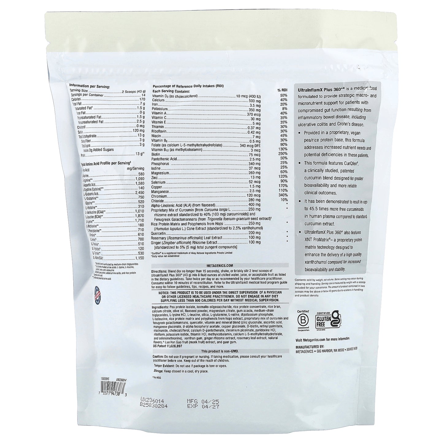 Metagenics, UltralnflamX Plus 360°, Medical Food, Original Spice, 21.23 oz (602 g)