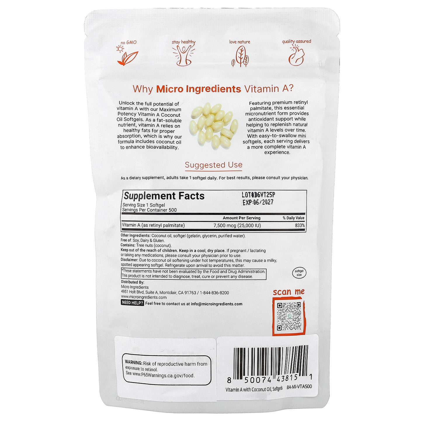 Micro Ingredients, Vitamin A, 7,500 mcg (25,000 IU), 500 Softgels