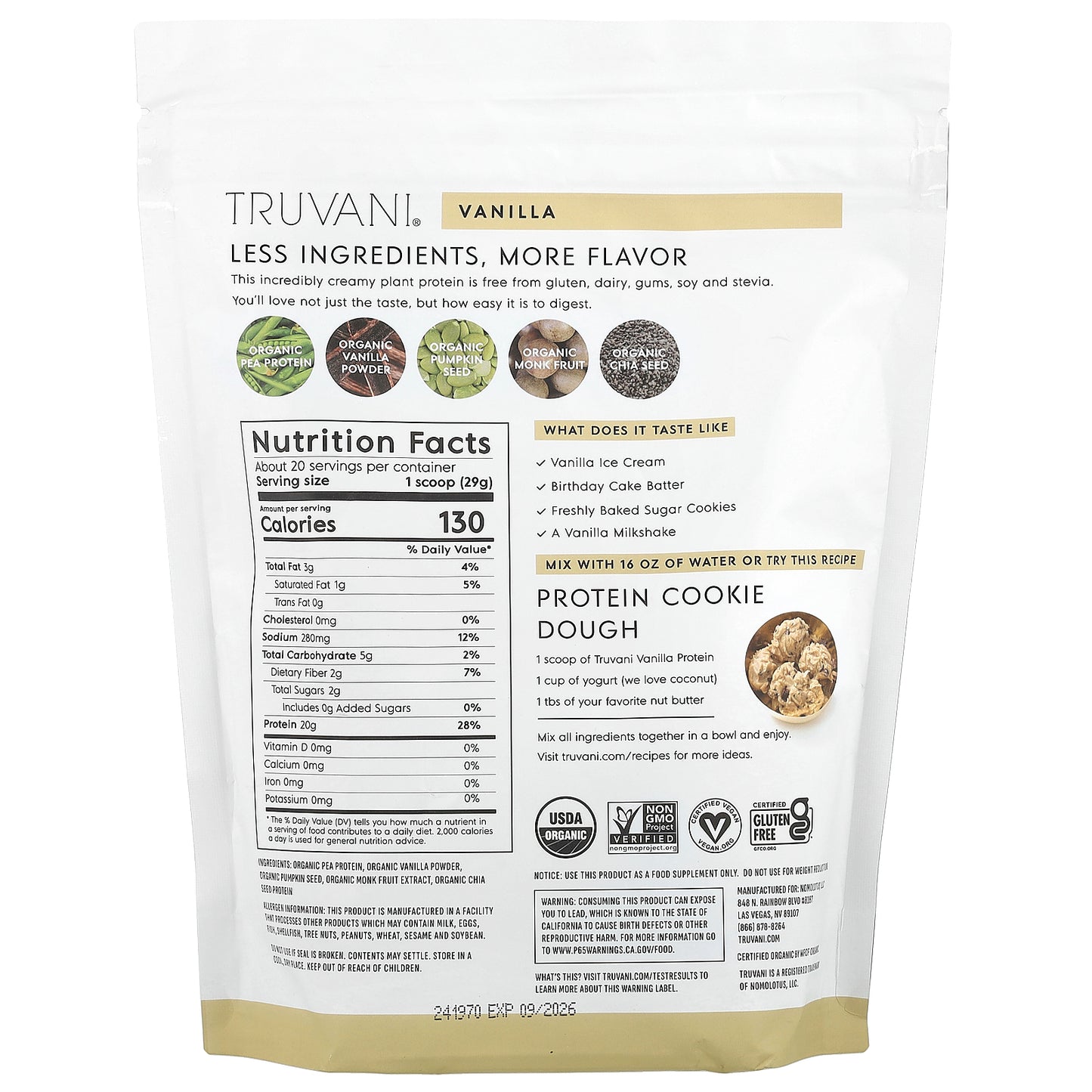 Truvani, Organic Plant Based Protein, Vanilla, 1.3 lbs (594 g)