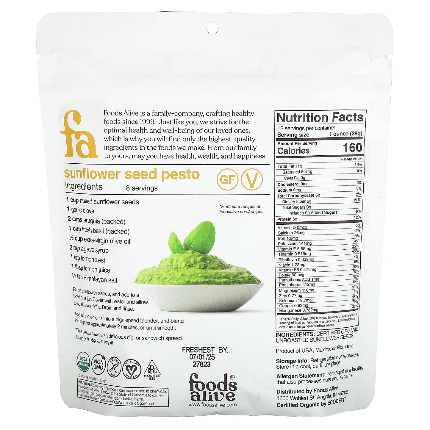 Foods Alive, Organic Sunflower Seeds, Hulled, 12 oz (340 g)