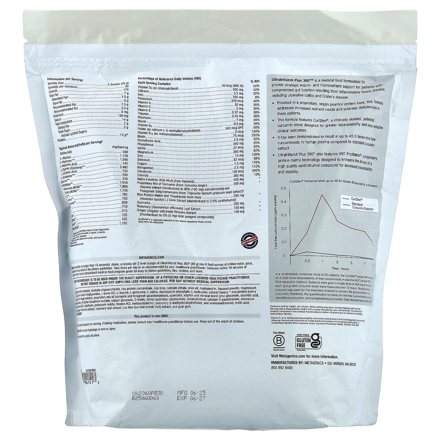 Metagenics, UltralnflamX Plus 360°, Medical Food, Pineapple Banana, 47.62 oz (1,350 g)