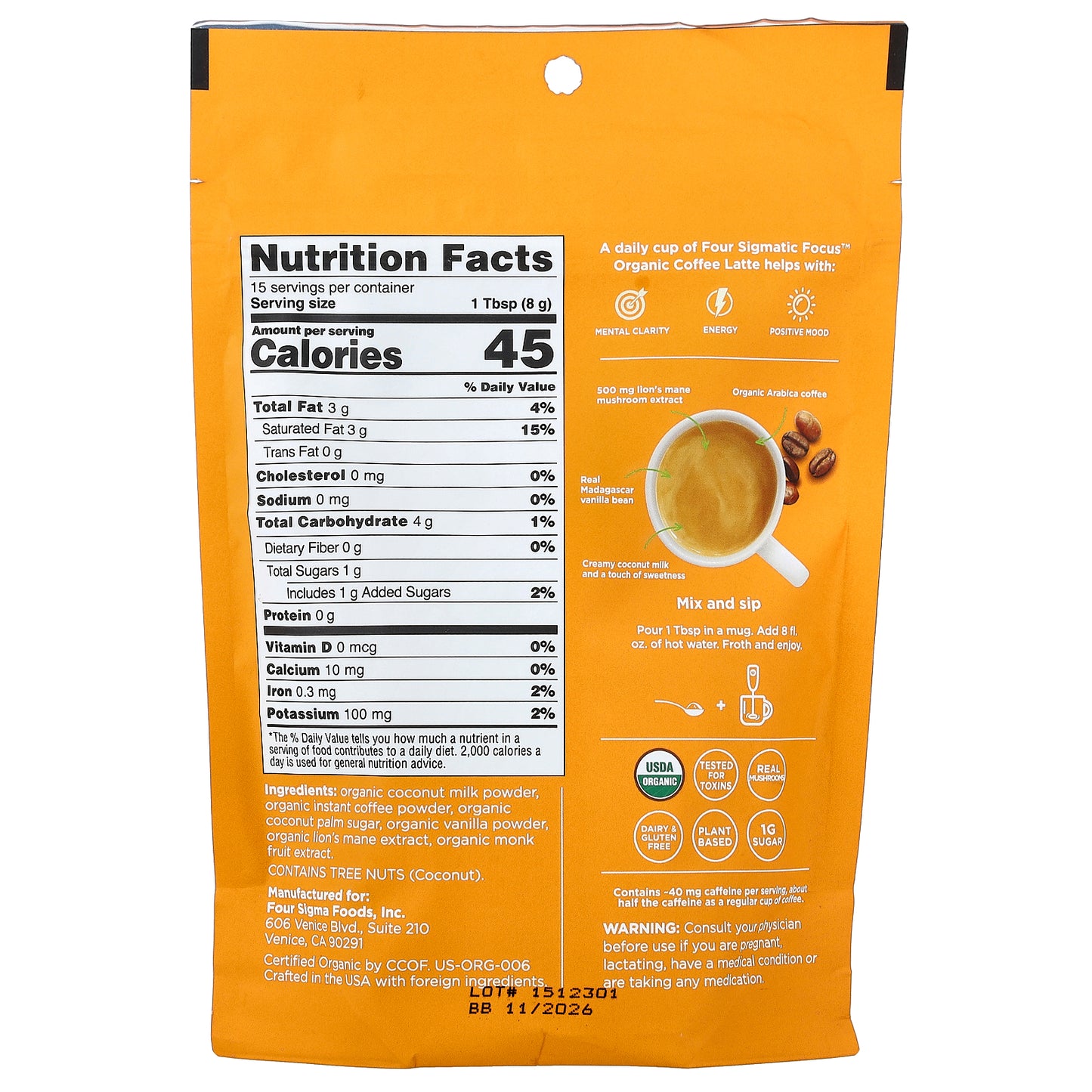 Four Sigmatic, Focus, Organic Instant Coffee Latte With Lion's Mane Mushroom, Vanilla, 4.23 oz (120 g)