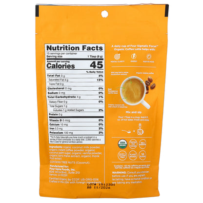 Four Sigmatic, Focus, Organic Instant Coffee Latte With Lion's Mane Mushroom, Vanilla, 4.23 oz (120 g)