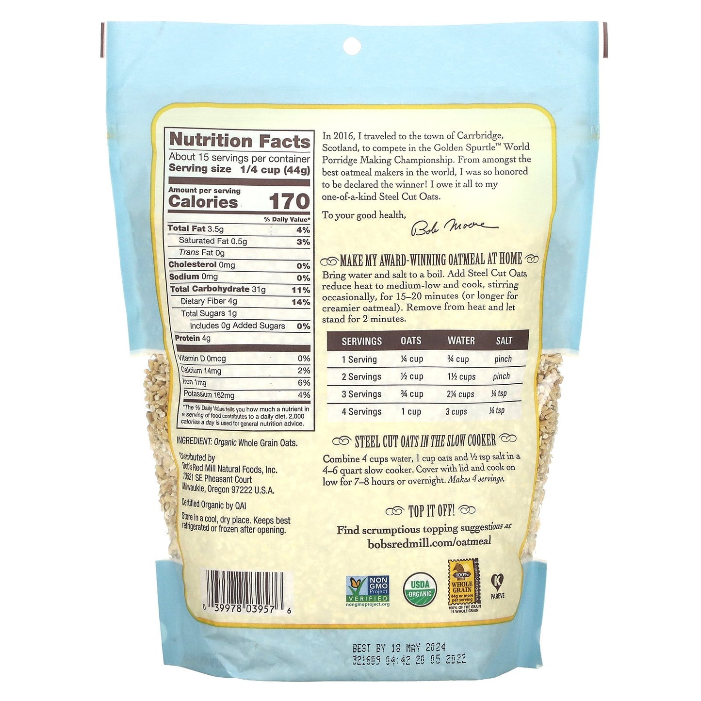 Bob's Red Mill, Organic Steel Cut Oats, Whole Grain, 24 oz (680 g)