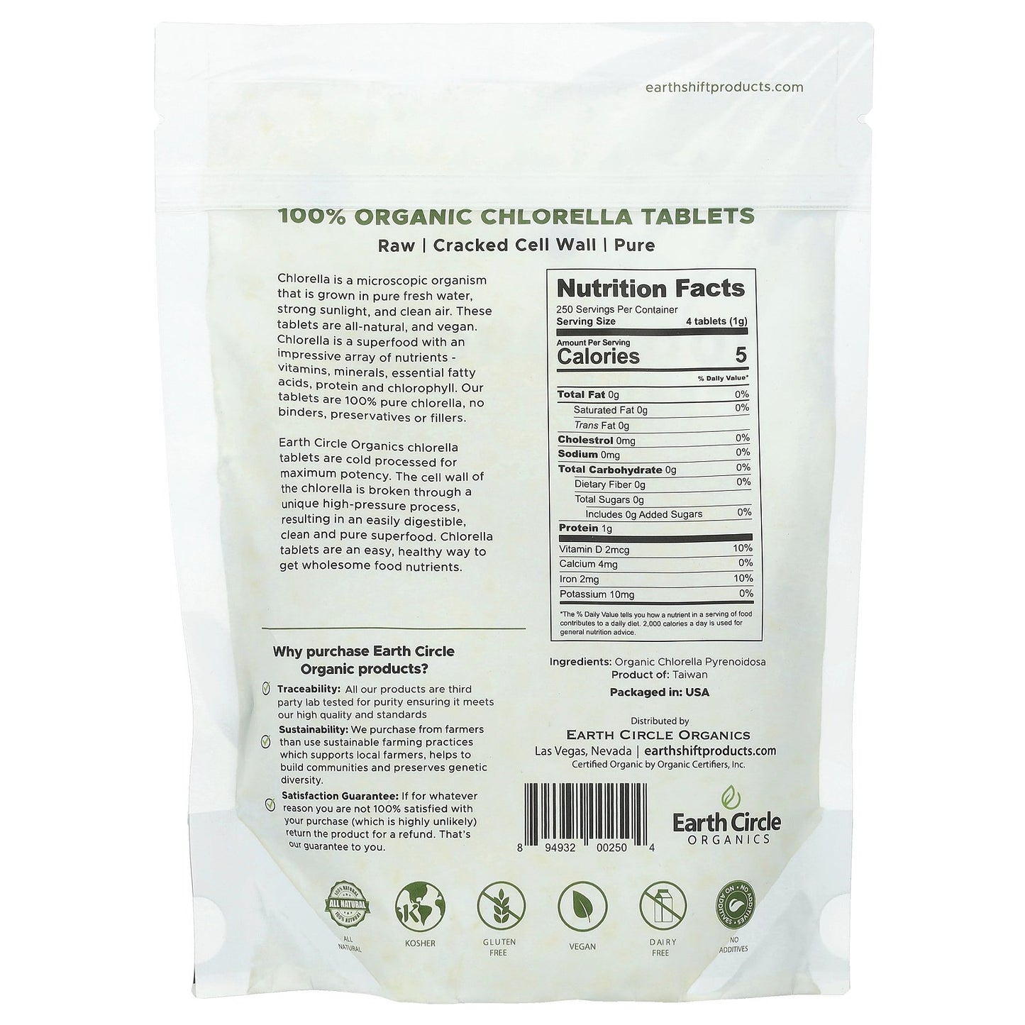 Earth Circle Organics, 100% Organic Chlorella, 1,000 Tablets, 8.75 oz (248 g)