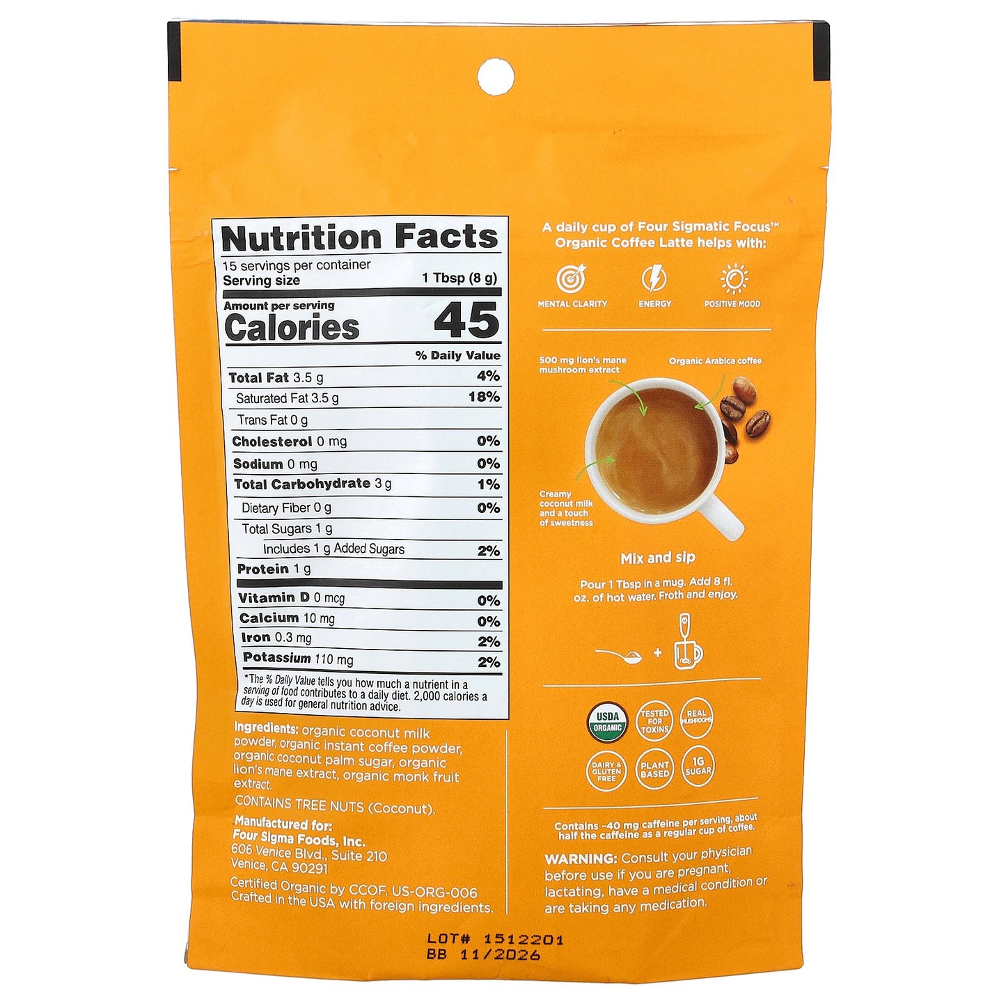 Four Sigmatic, Focus, Organic Instant Coffee Latte With Lion's Mane Mushroom, Original, 4.23 oz (120 g)