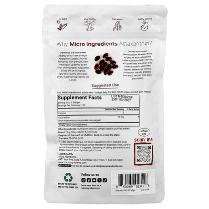 Micro Ingredients, Astaxanthin , 12 mg, 120 Softgels