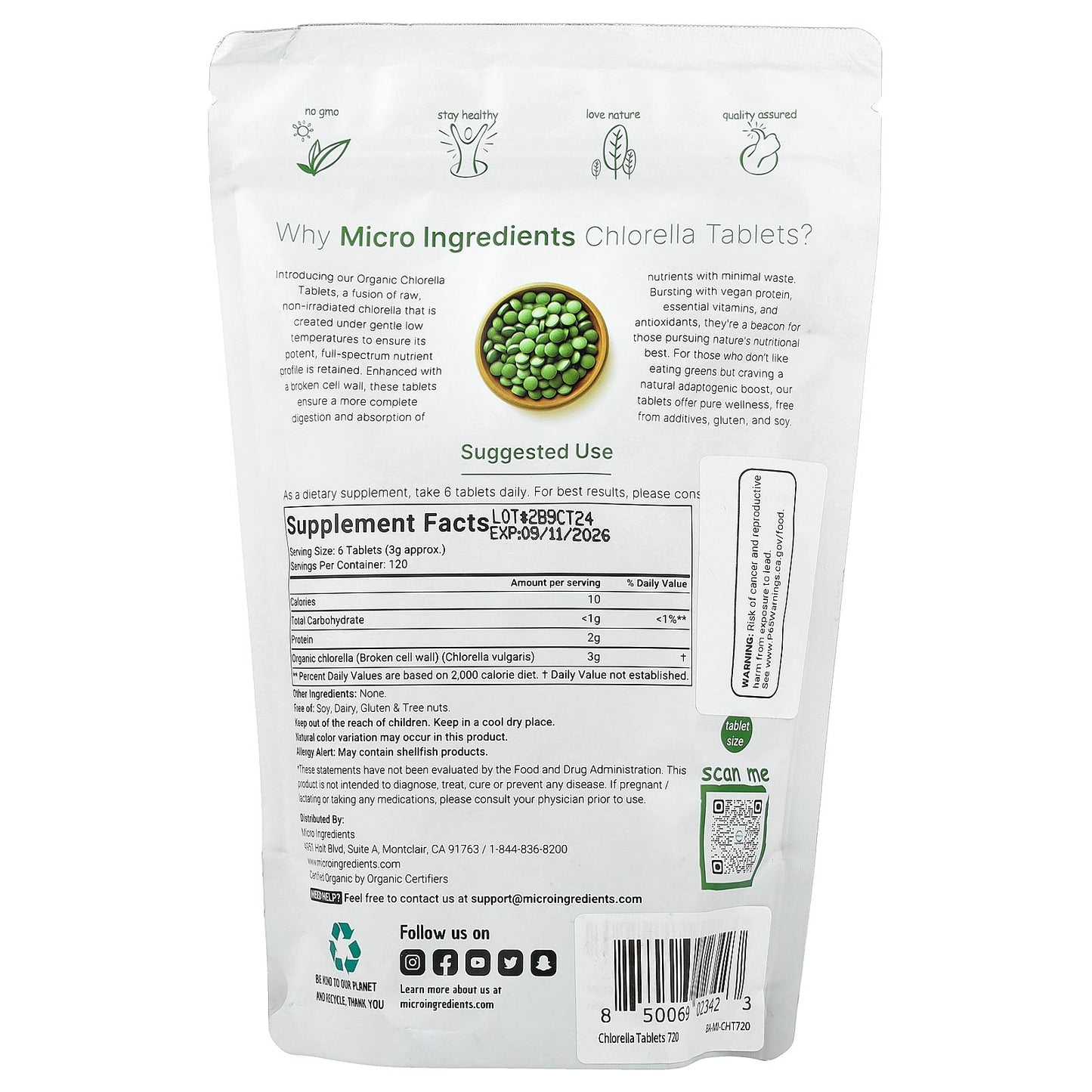 Micro Ingredients, Organic Chlorella Tablet, 720 Tablets (0.5 g per Tablet)