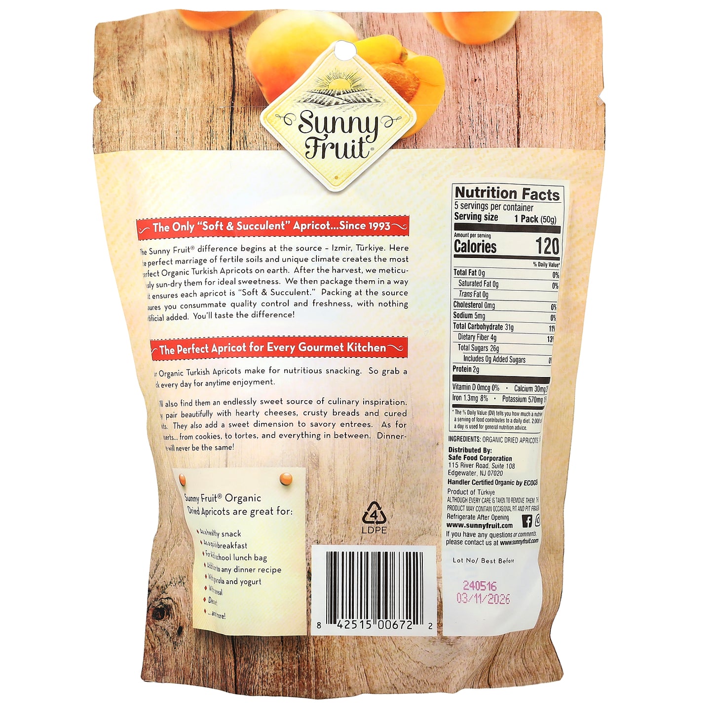 Sunny Fruit, Organic Dried Apricots, 5 Portion Packs, 1.76 oz (50 g) Each