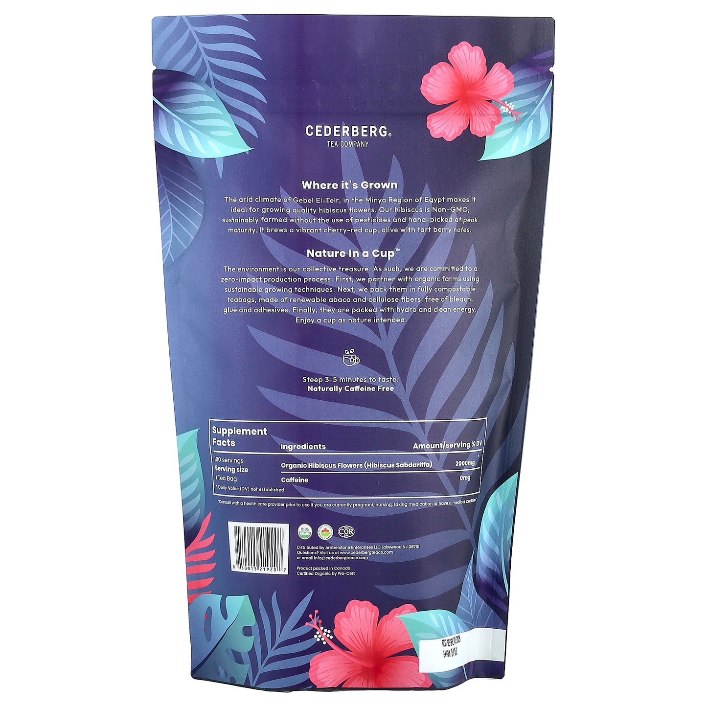 Cederberg Tea Co, Organic Hibiscus, Caffeine Free, 100 Natural Tea Bags, 7 oz (200 g)