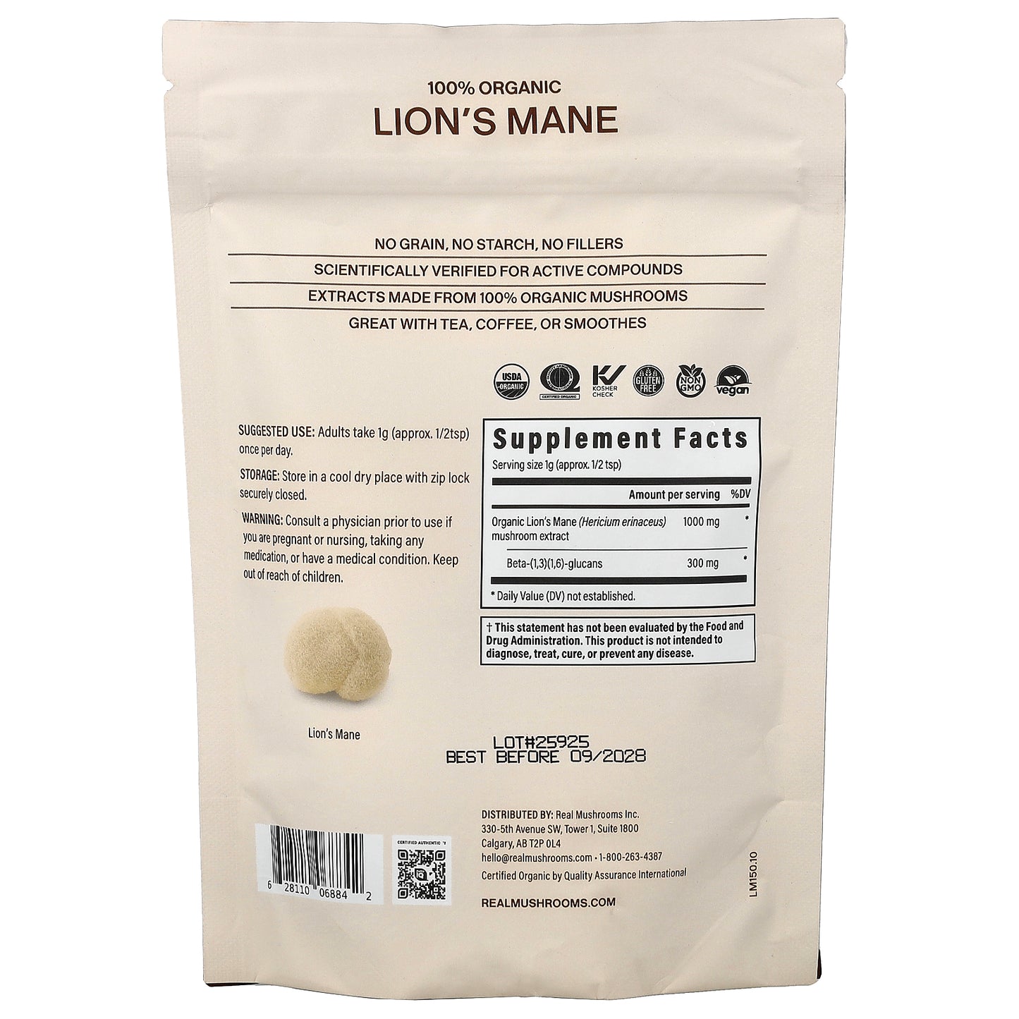 Real Mushrooms, Lion's Mane, Organic Mushroom Extract Powder, 5.29 oz (150 g)