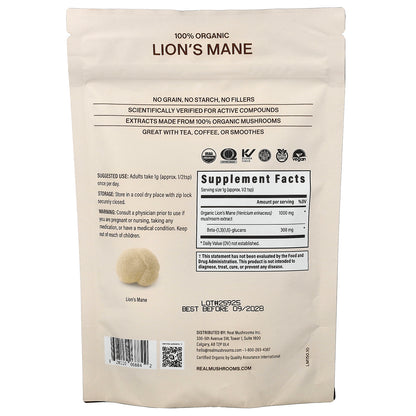 Real Mushrooms, Lion's Mane, Organic Mushroom Extract Powder, 5.29 oz (150 g)