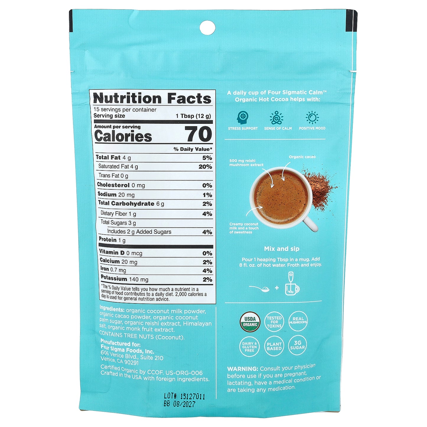 Four Sigmatic, Calm, Organic Mylk Hot Cocoa with Reishi Mushroom, 6.35 oz (180 g)