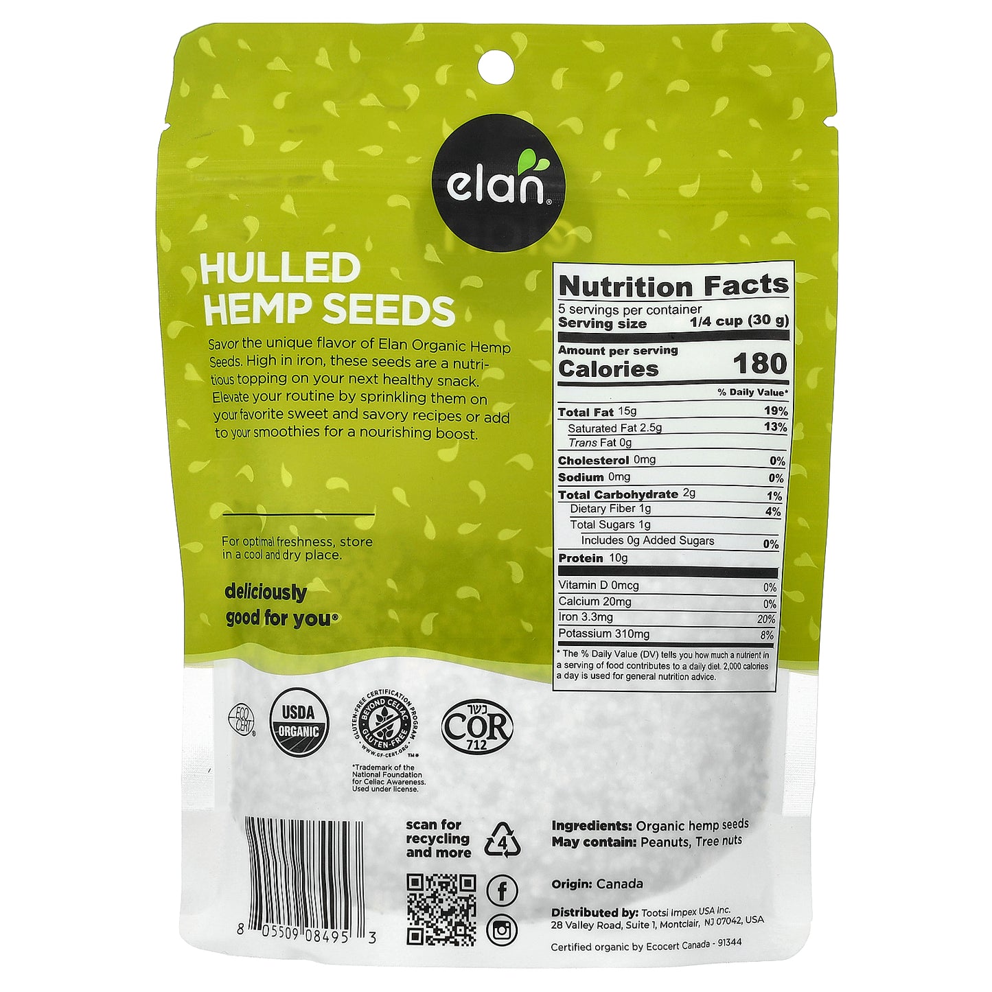 Elan, Organic Hemp Seeds, Hulled, 5.8 oz (165 g)