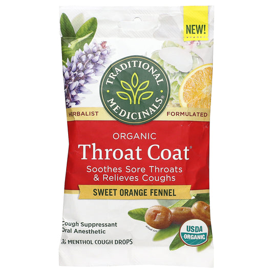 Traditional Medicinals, Organic Throat Coat® Drops, Sweet Orange Fennel, 16 Menthol Cough Drops