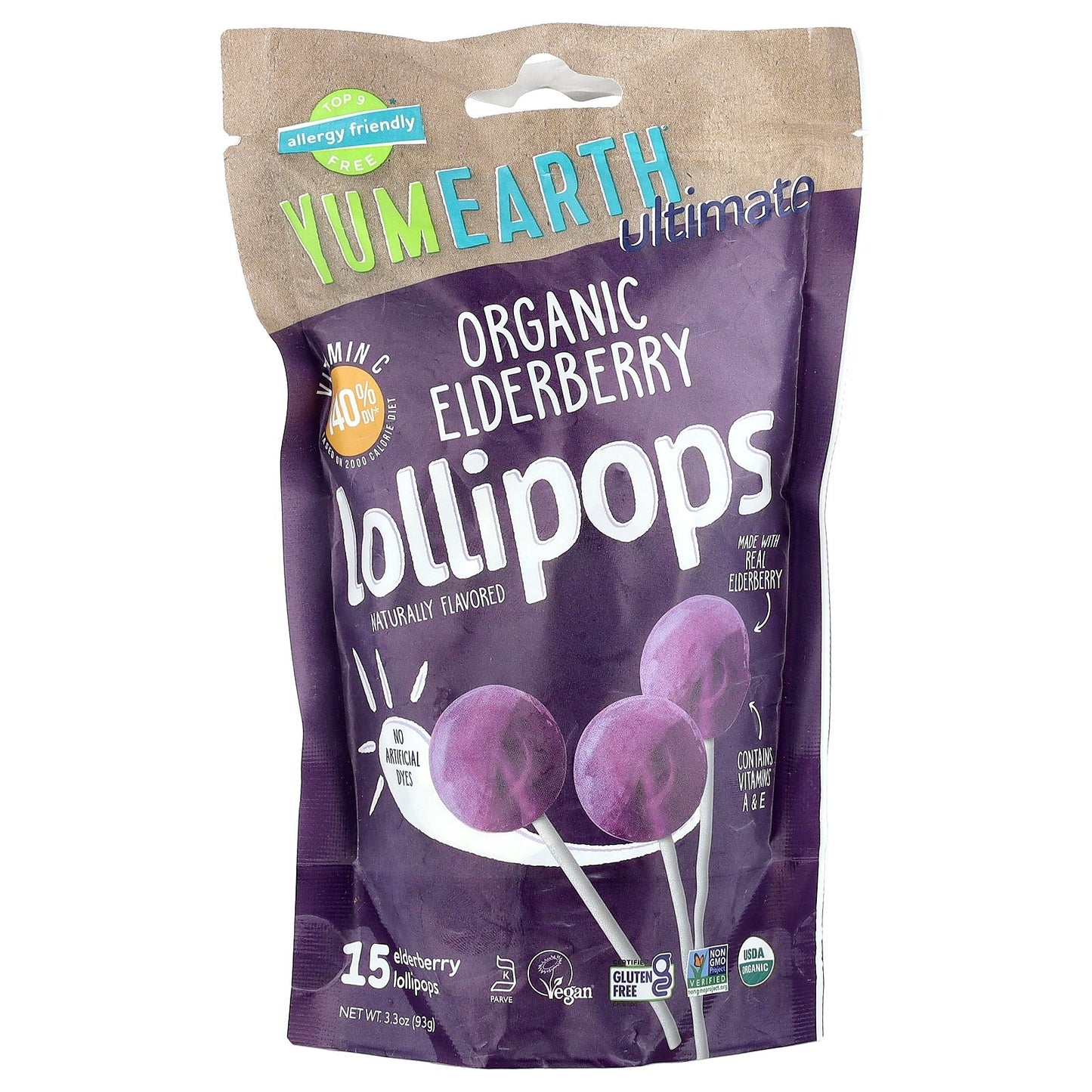 YumEarth, Ultimate, Organic Elderberry Lollipops, 15 Lollipops, 3.3 oz (93 g)