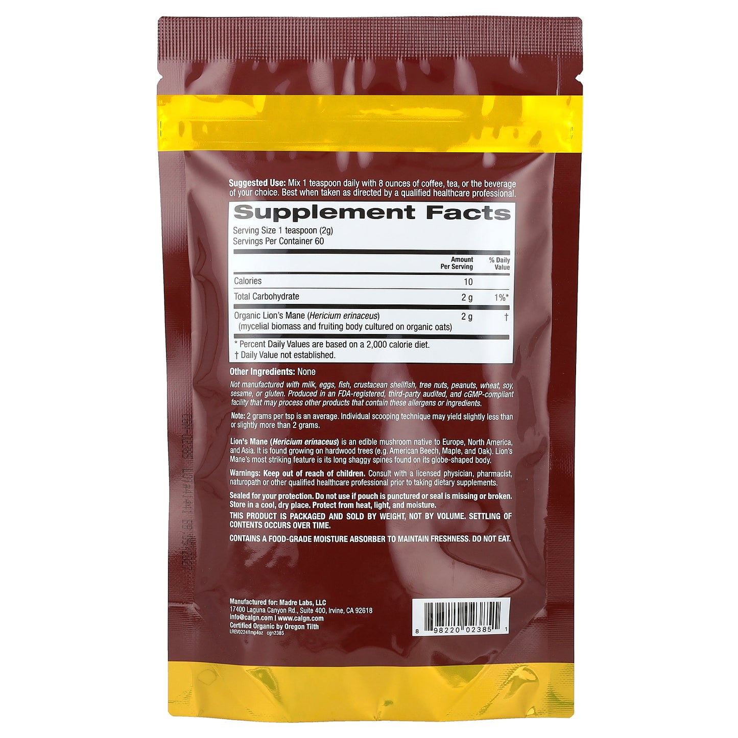 California Gold Nutrition, Fungiology®, Certified Organic Lion's Mane Powder, 4.2 oz (120 g)