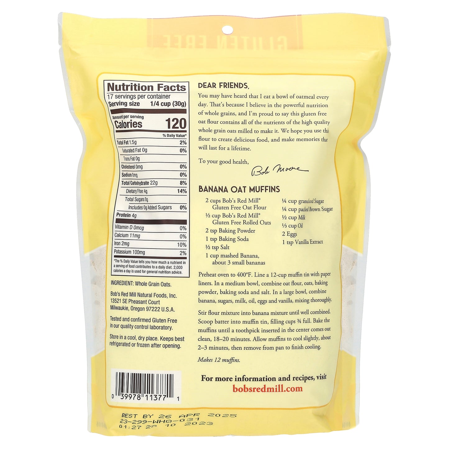 Bob's Red Mill, Oat Flour, Whole Grain, Gluten Free, 18 oz (510 g)