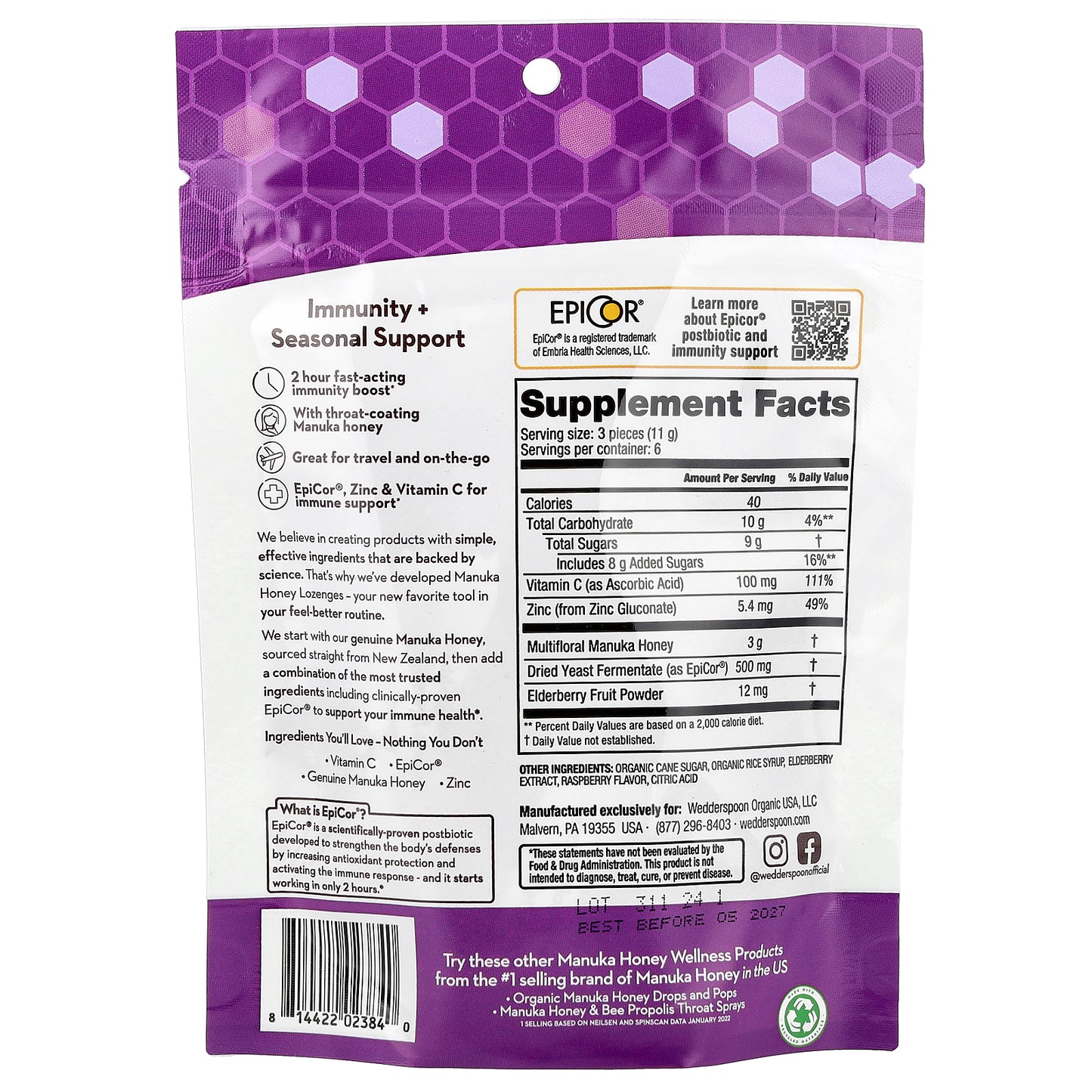 Wedderspoon, Manuka Honey Lozenges, Elderberry, 2.6 oz (74 g)