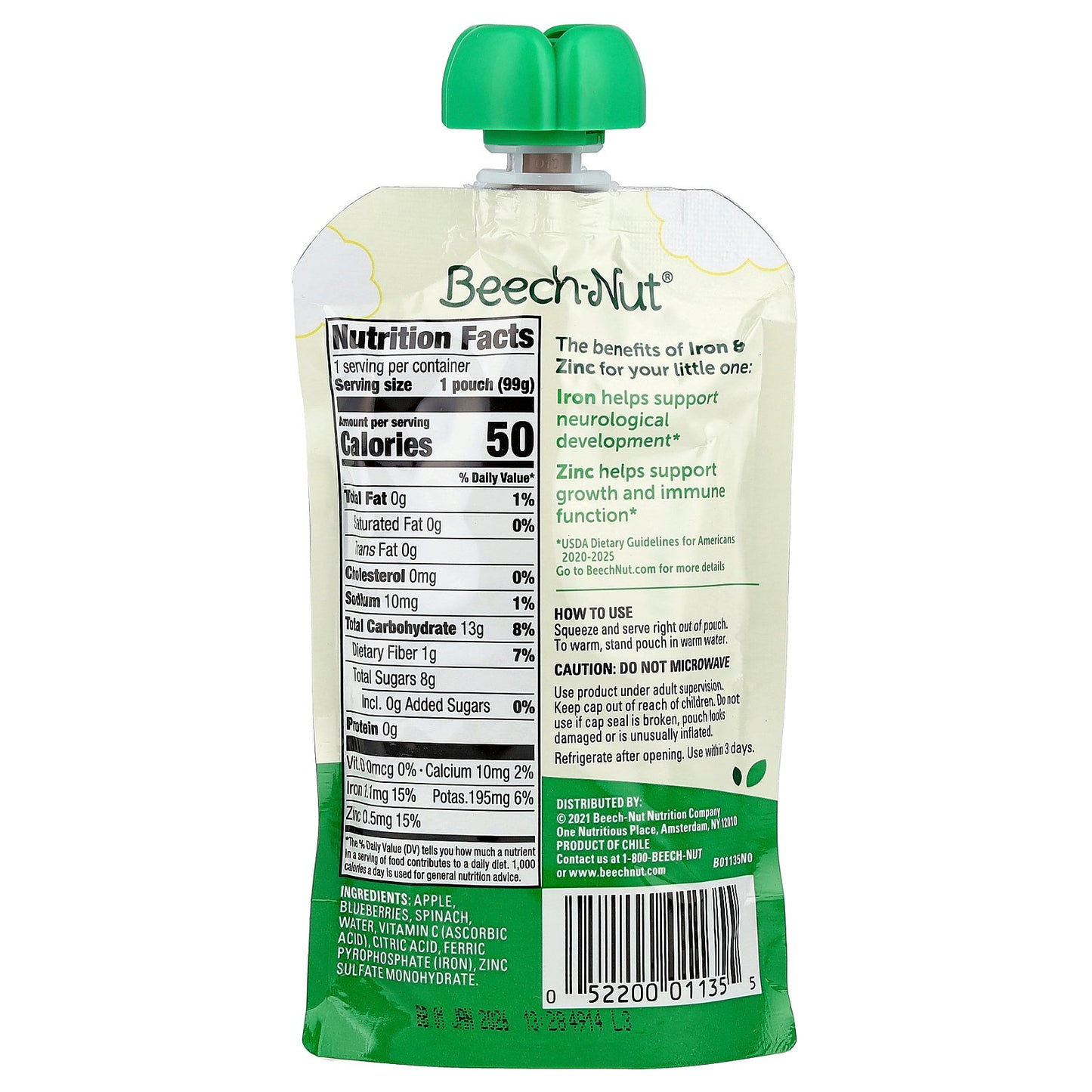 Beech-Nut, Iron & Zinc, 12+ Months, Apple, Blueberries & Spinach, 3.5 oz (99 g)