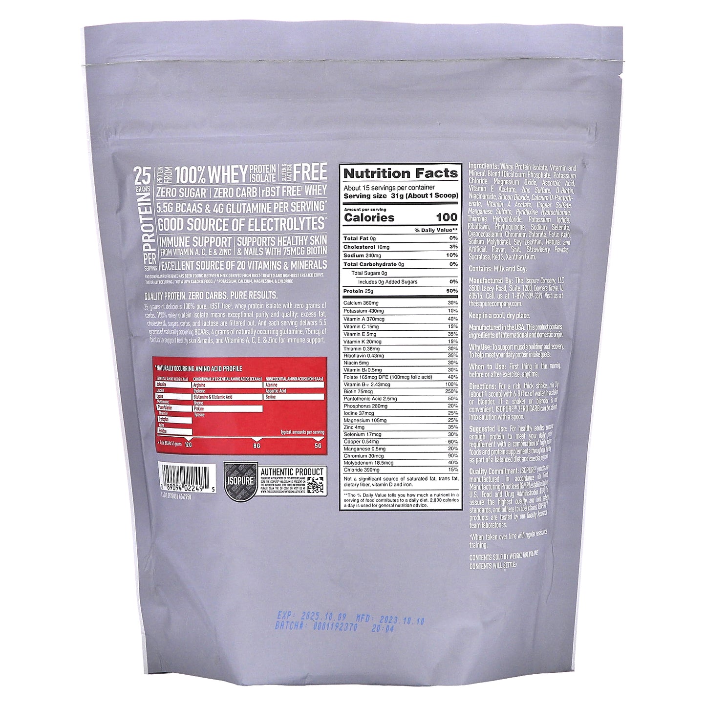 Isopure, Zero Carb Protein Powder, Strawberries & Cream, 1 lb (454 g)