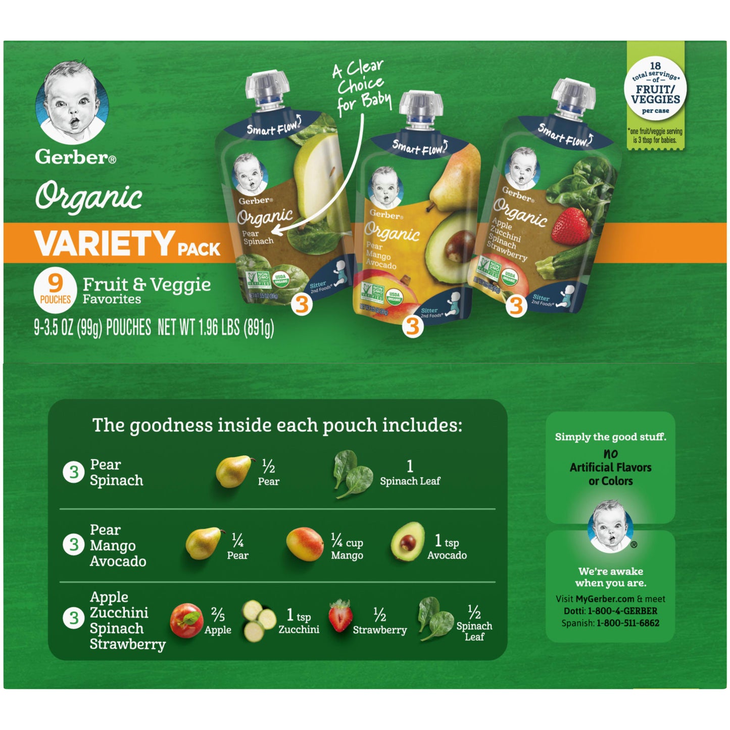 Gerber, Organic Puree Blends, Variety Pack, 2nd Foods®, Fruit & Veggie Favorites, 9 Pouches, 3.5 oz (99 g) Each