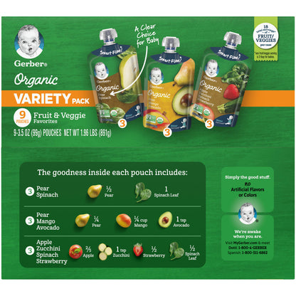 Gerber, Organic Puree Blends, Variety Pack, 2nd Foods®, Fruit & Veggie Favorites, 9 Pouches, 3.5 oz (99 g) Each