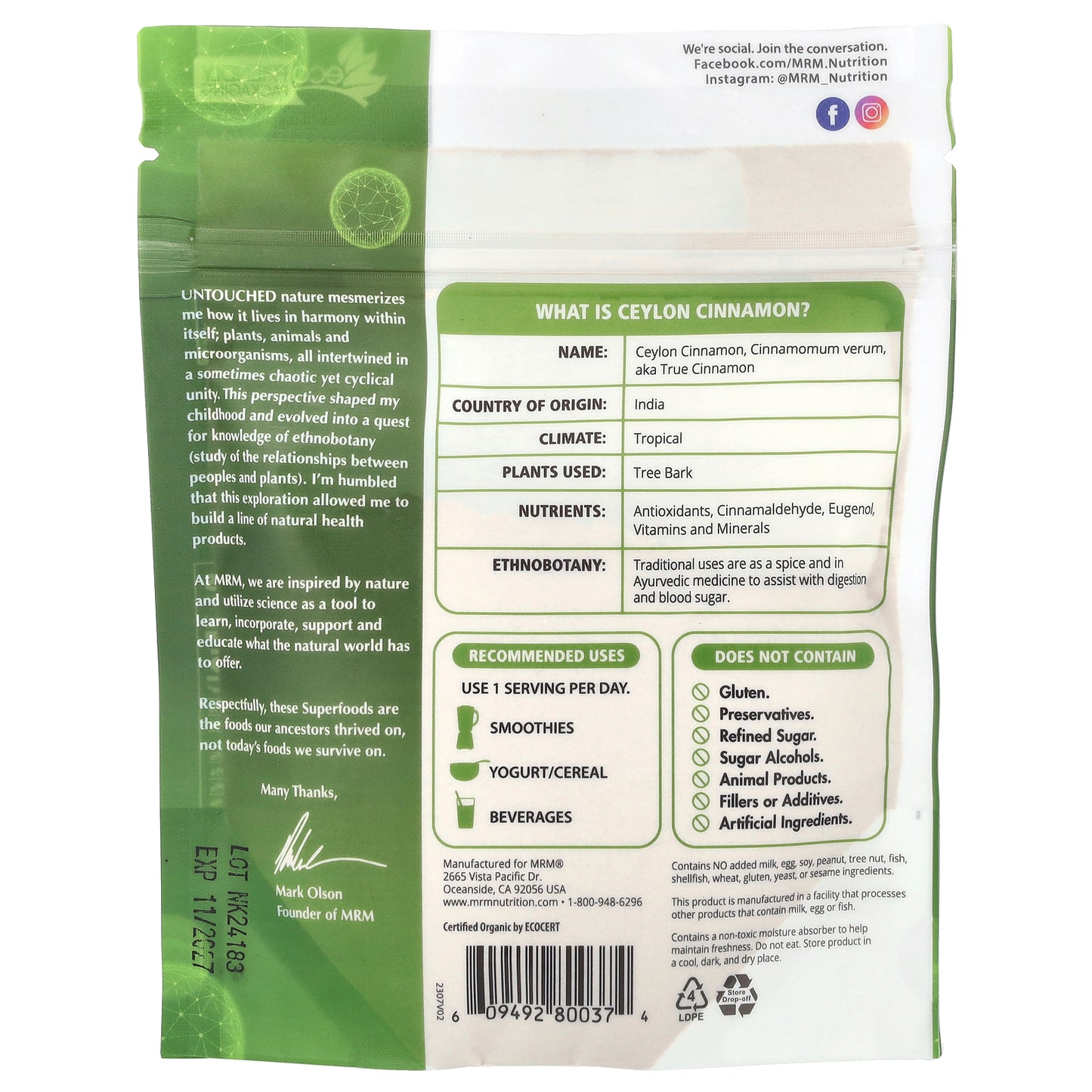 MRM Nutrition, Organic Ceylon Cinnamon Powder, 4  oz (113 g)