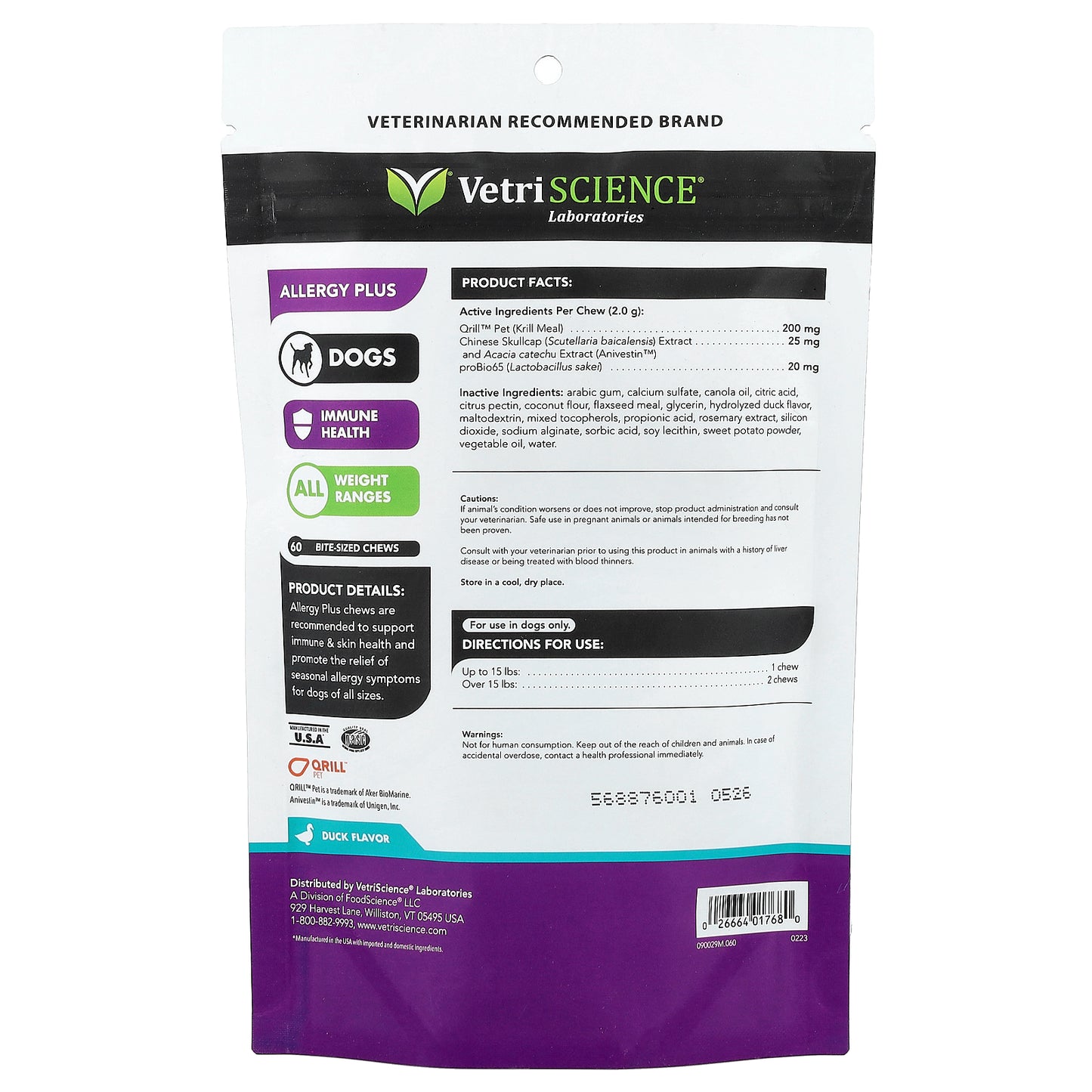 VetriScience, Allergy Plus, For All Dogs, Duck, 60 Bite-Sized Chews, 4.23 oz (120 g)