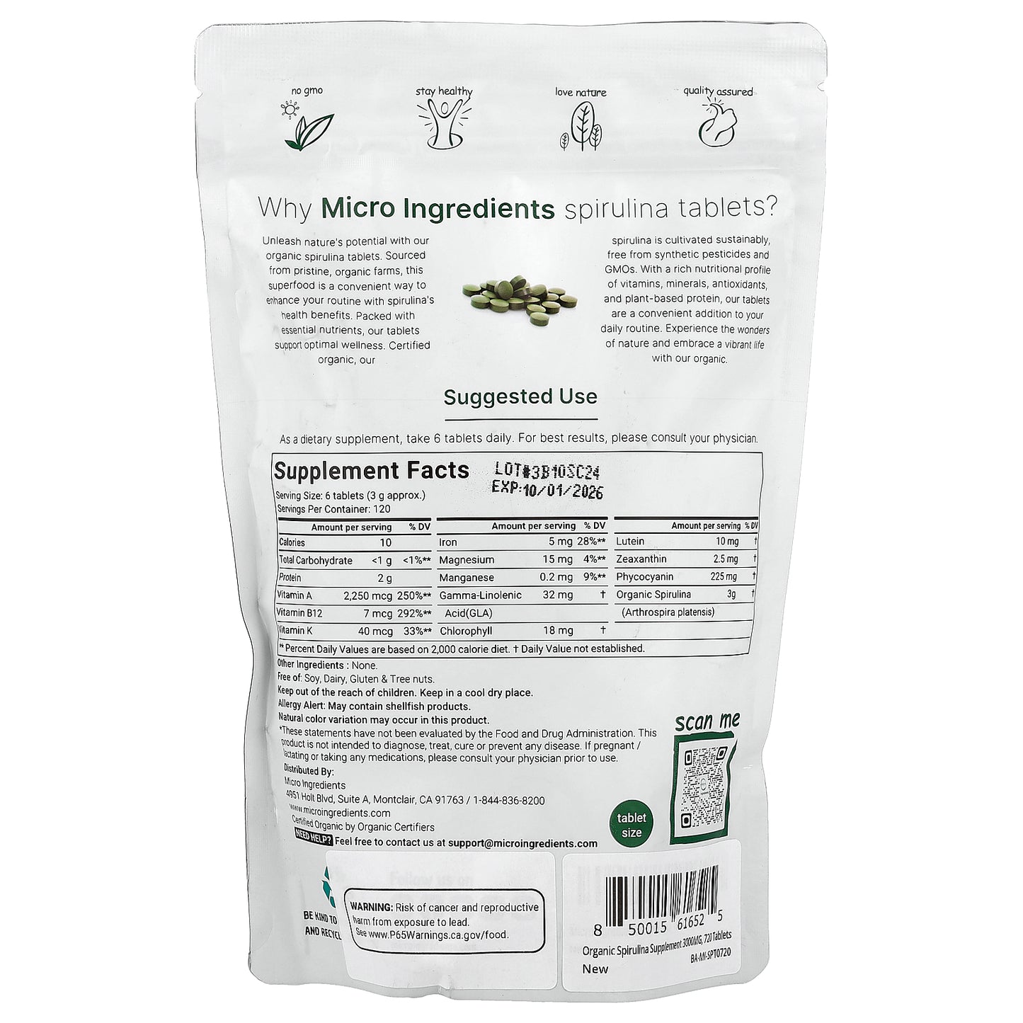 Micro Ingredients, Organic Spirulina, 720 Tablets