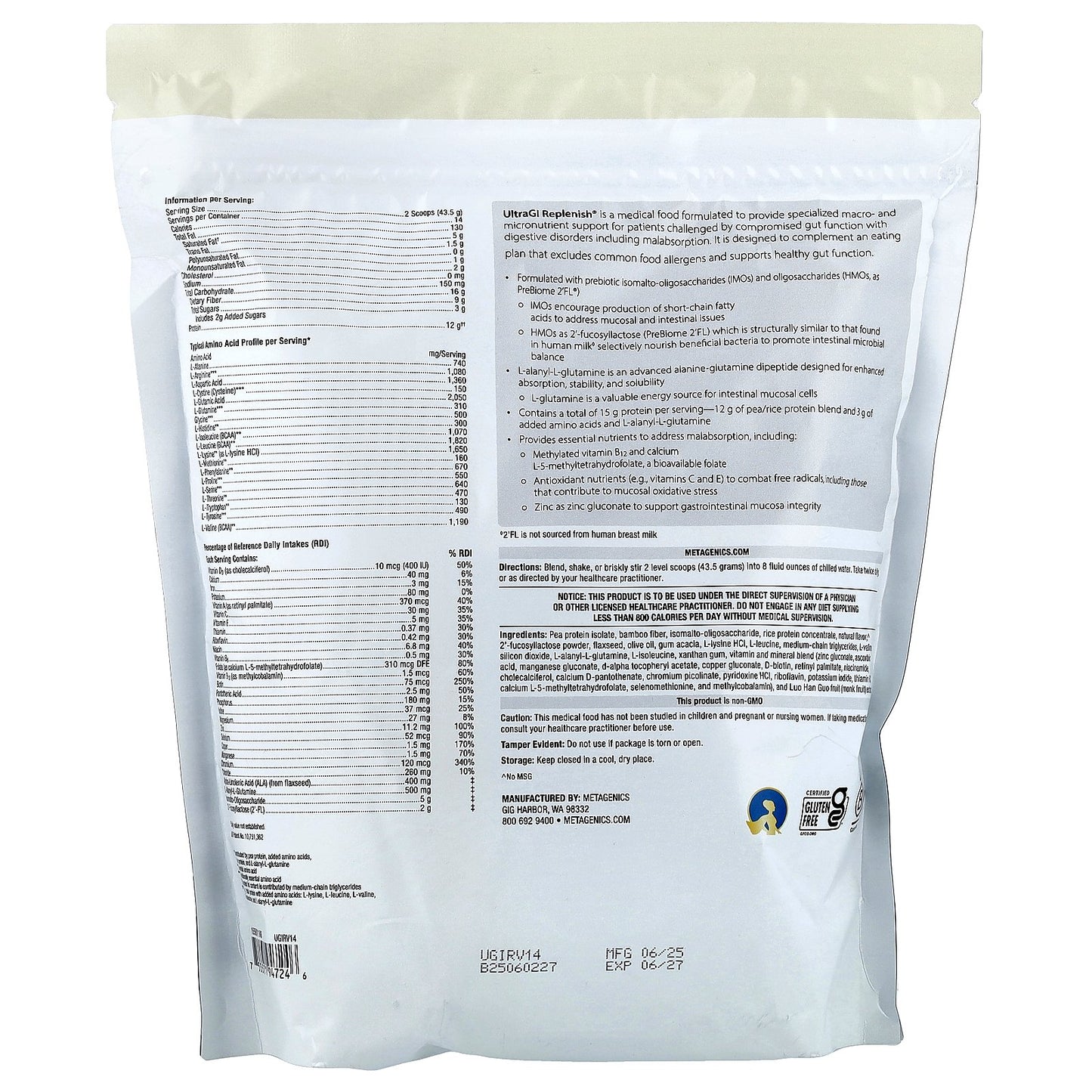 Metagenics, UltraGI Replenish, Vanilla, 21.48 oz (609 g)