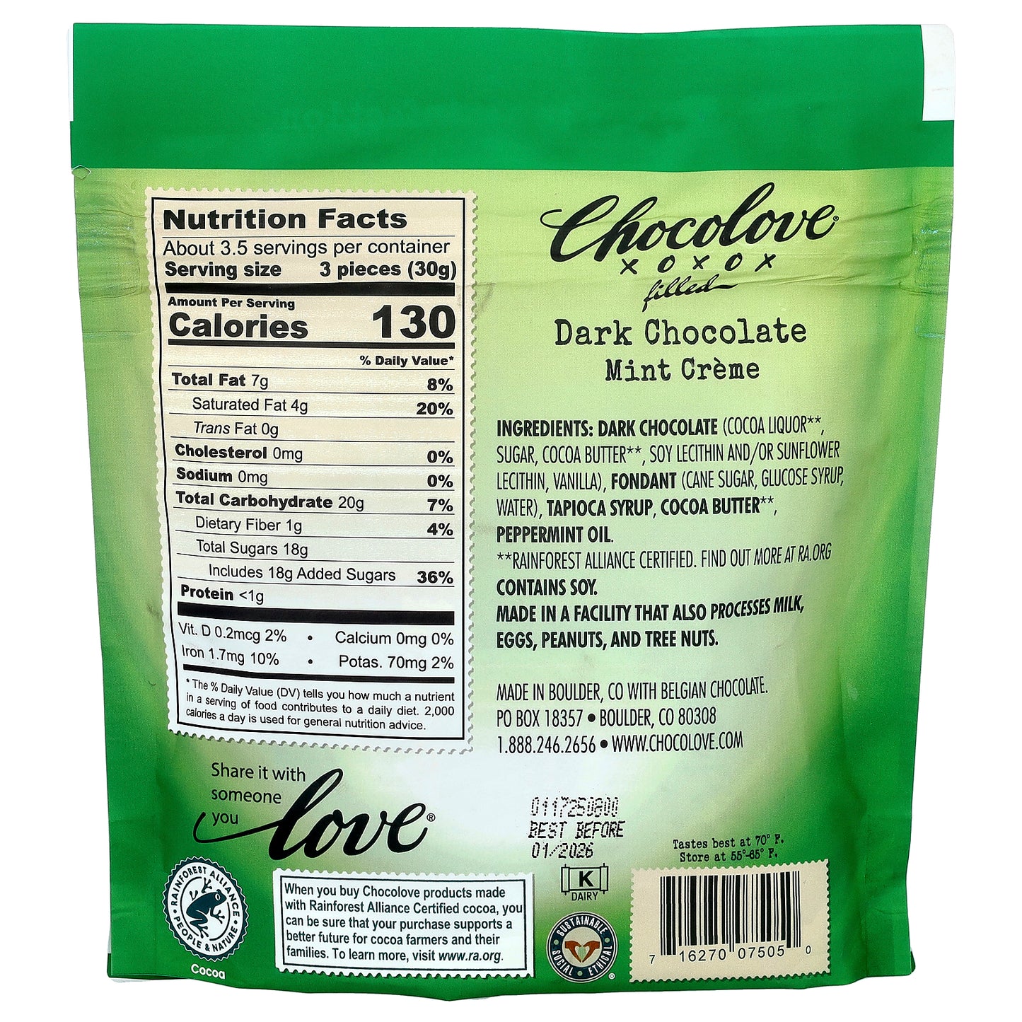 Chocolove, Filled Dark Chocolate, Mint Creme, 55% Cocoa, 3.5 oz (100 g)