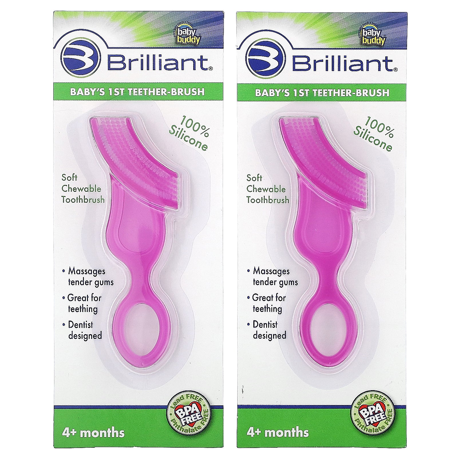 Baby Buddy, Brilliant, Baby's 1st Teether-Brush, 4+ months, 2 Teether-Brush