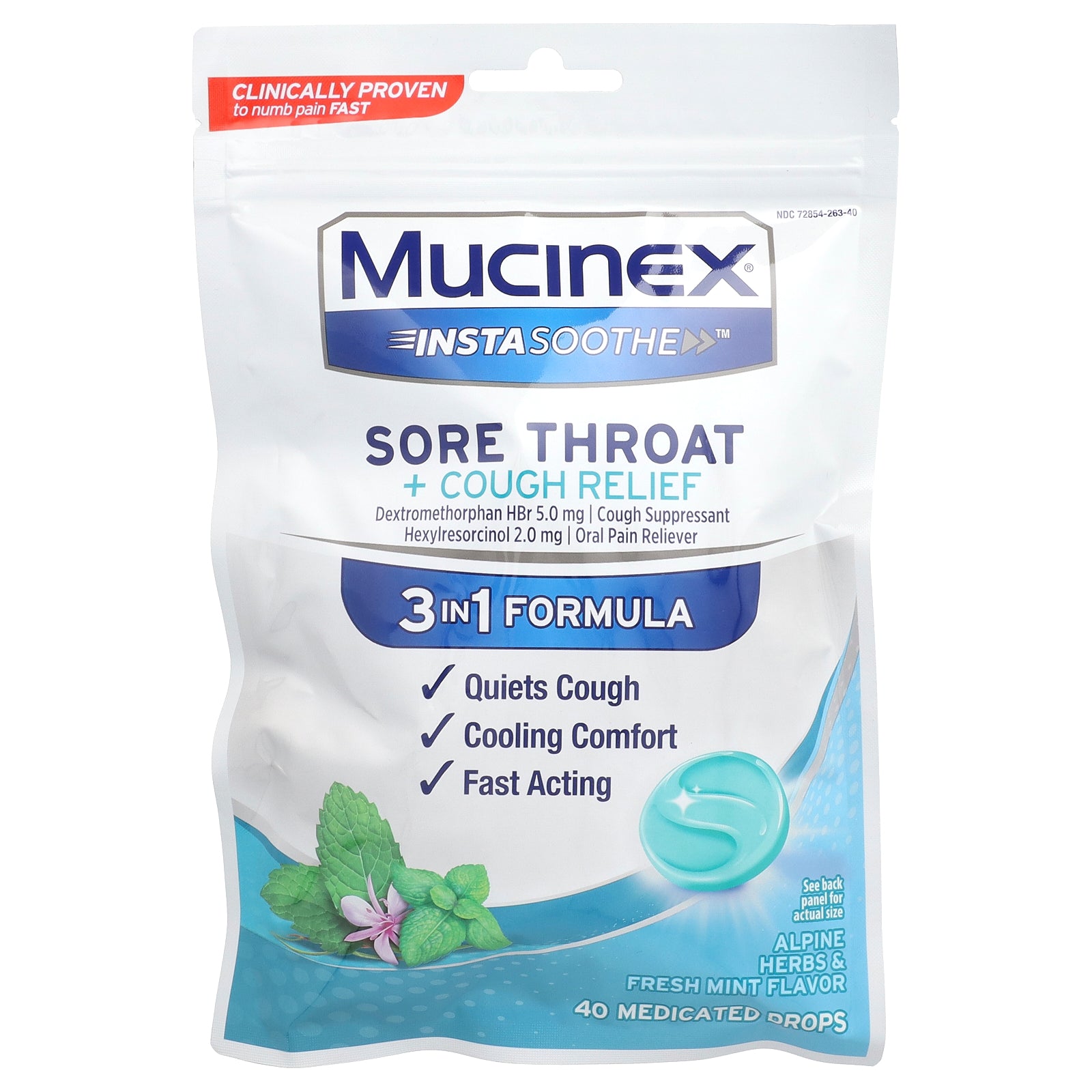 Mucinex, InstaSoothe™, Sore Throat + Cough Relief, Alpine Herbs & Fresh Mint, 40 Medicated Drops