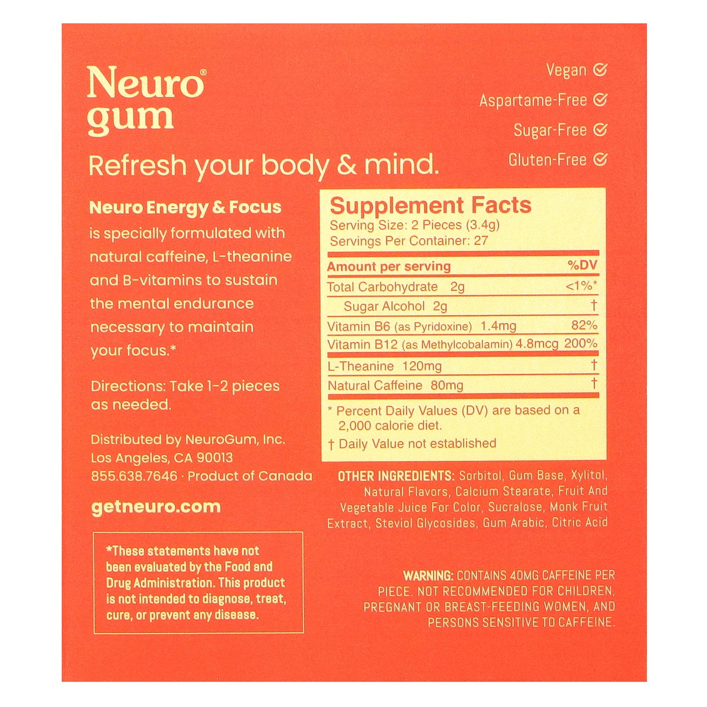 NeuroGum, Energy & Focus, Cinnamon, 6 Packs, 9 Pieces Each