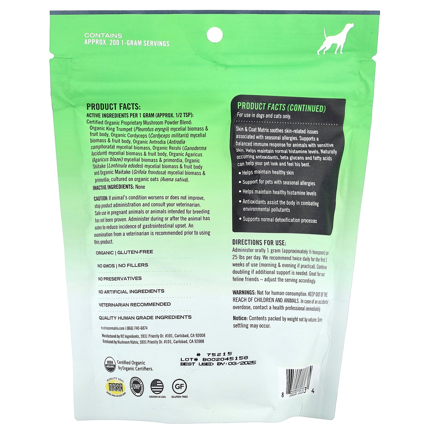 Mushroom Matrix Canine, Certified Organic Mushroom Powder, Skin & Coat, For Cats and Dogs, 7.1 oz (200 g)