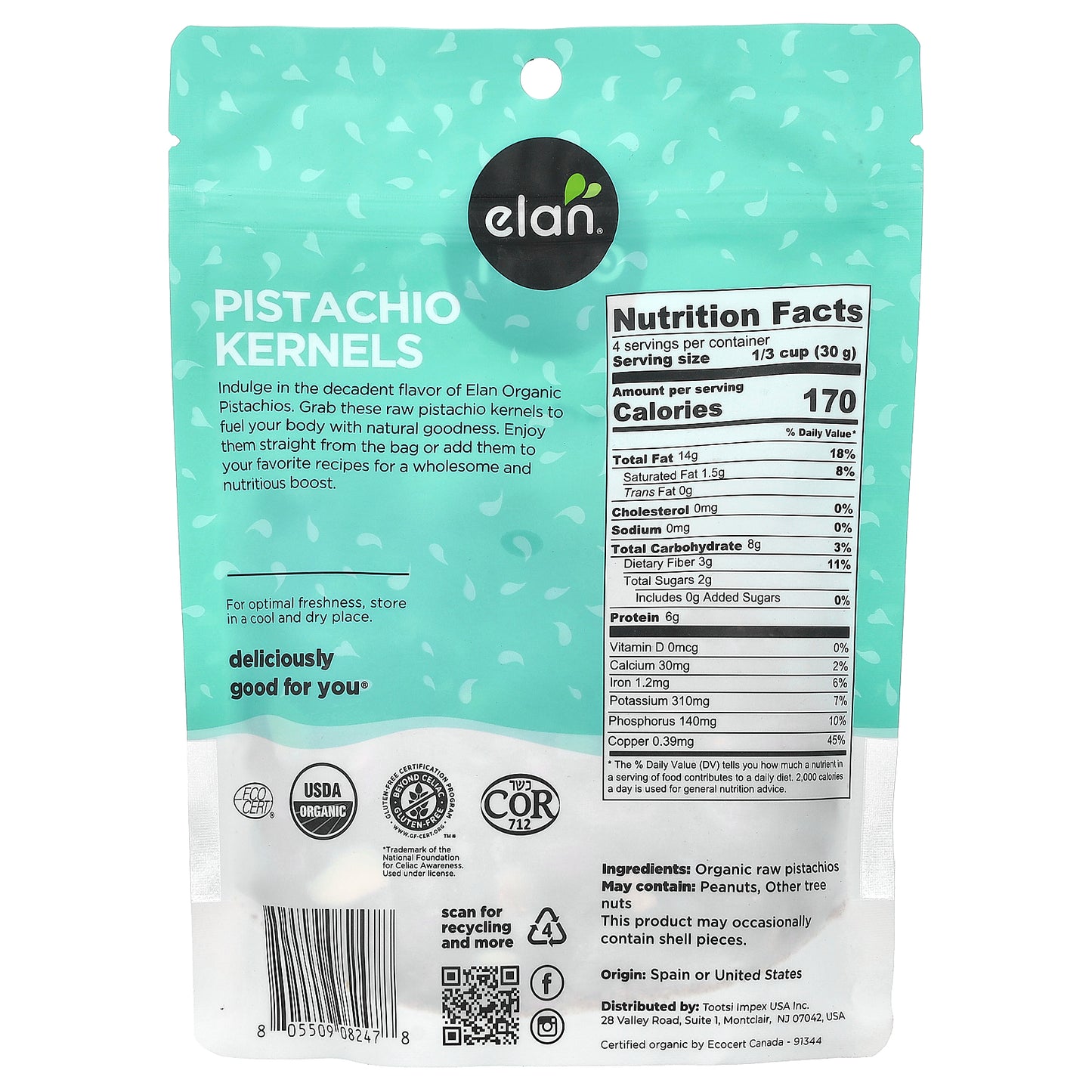 Elan, Organic Pistachios, Kernels, 4.8 oz (135 g)