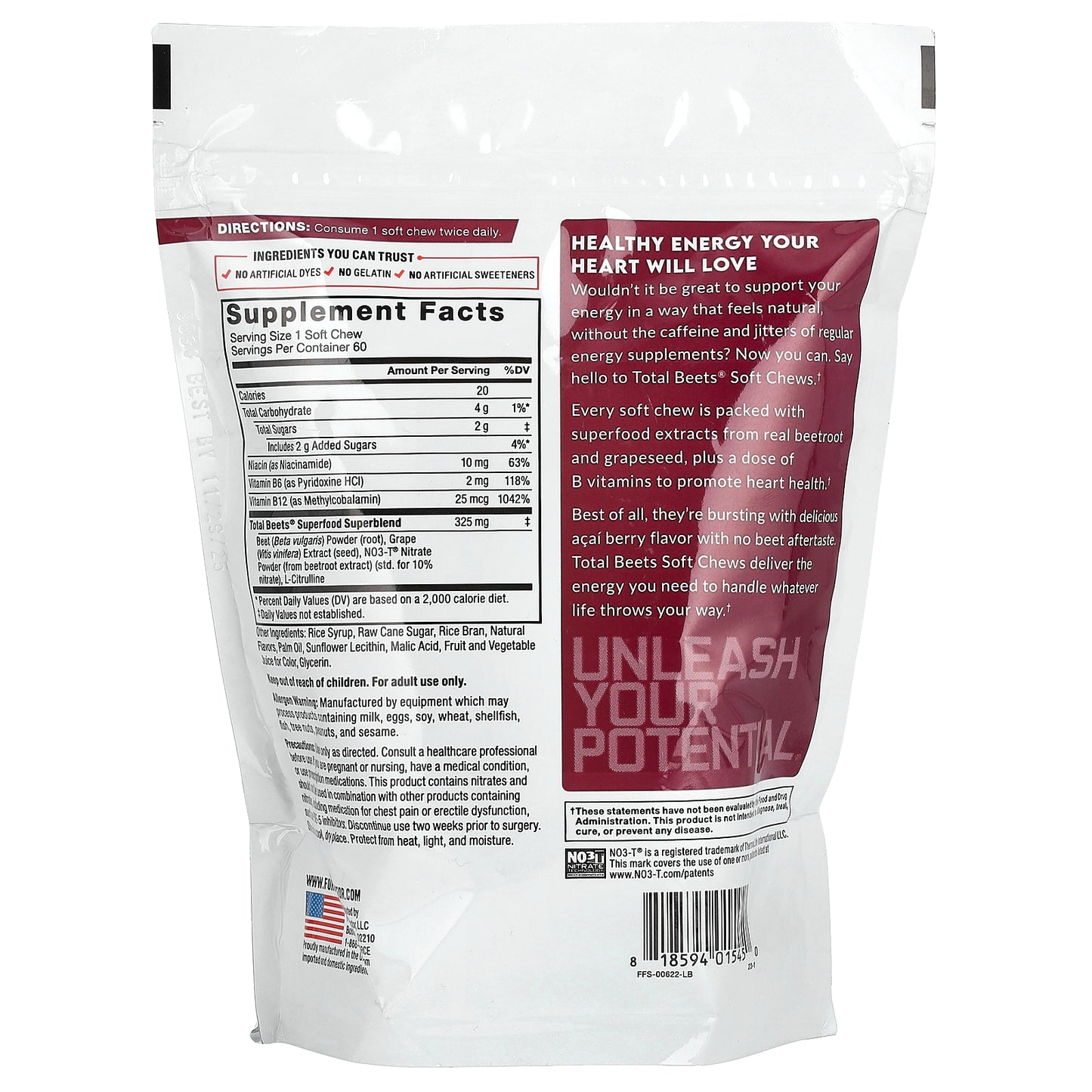 Force Factor, Total Beets®, Healthy Energy + Antioxidants, Acai Berry, 325 mg, 60 Superfood Soft Chews