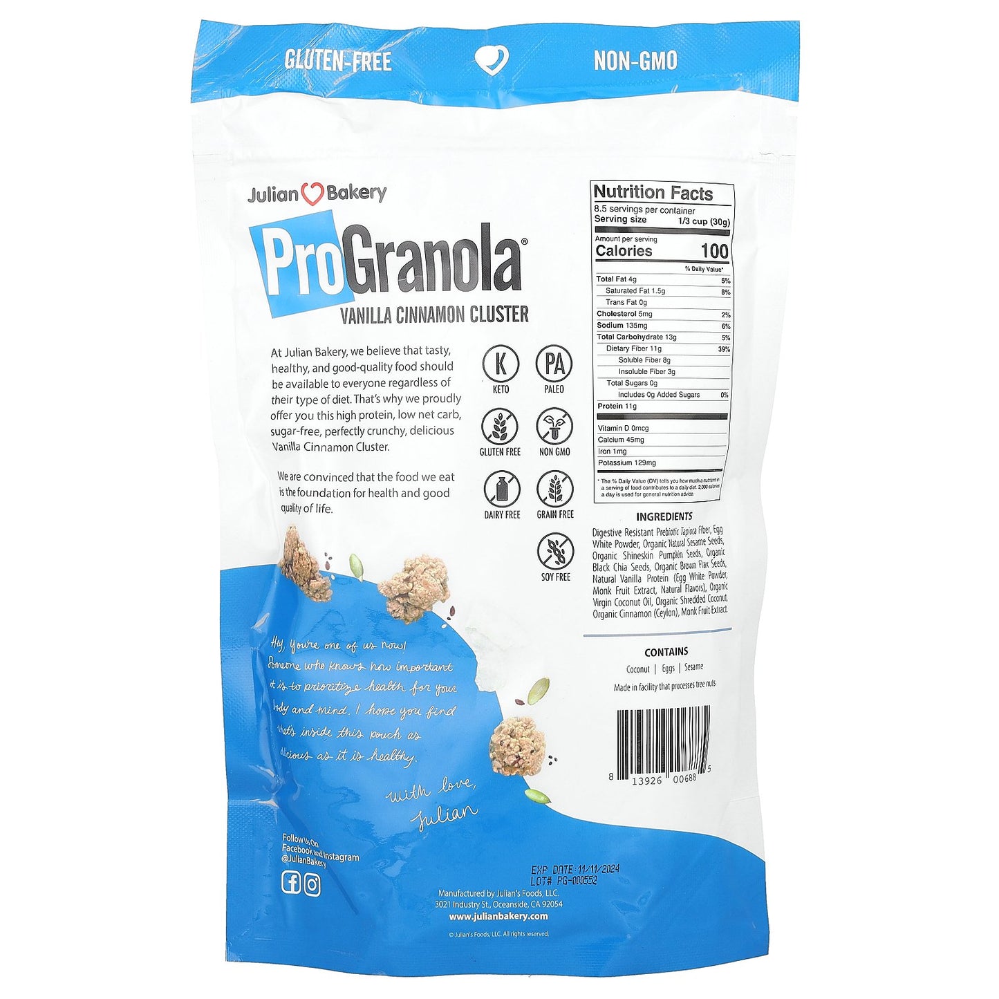 Julian Bakery, ProGranola, Vanilla Cinnamon Cluster, 9 oz (255 g)