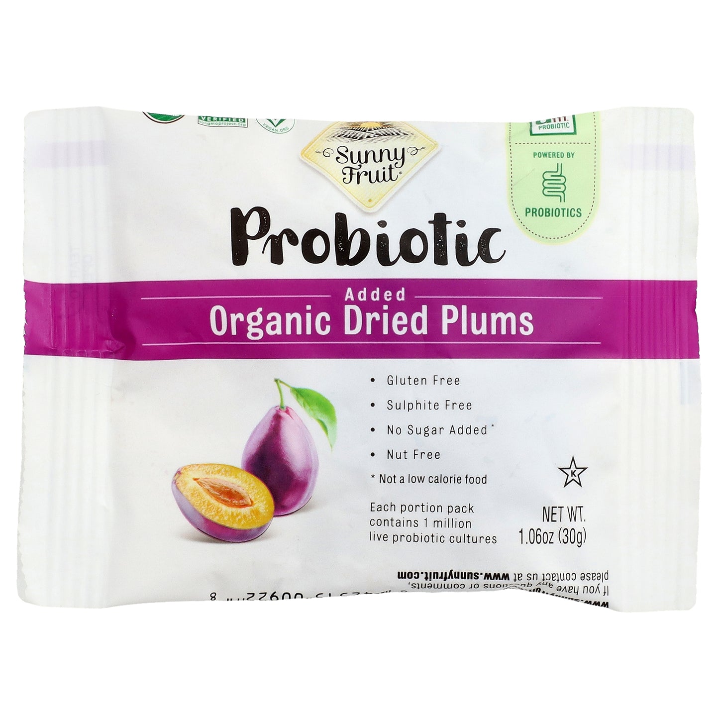 Sunny Fruit, Organic Dried Plums With Added Probiotics, 5 Packs, 1.06 oz (30 g) Each