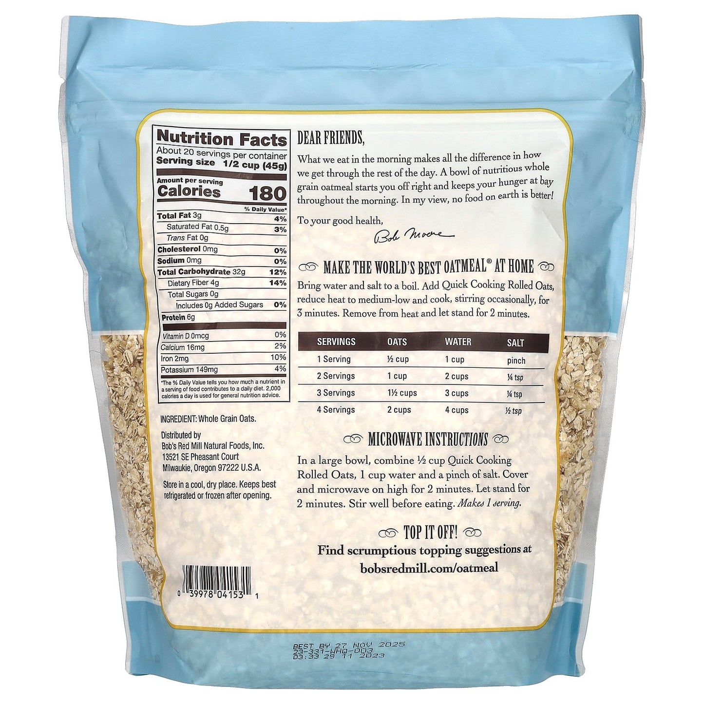 Bob's Red Mill, Quick Cooking Rolled Oats, Whole Grain, 32 oz (907 g)