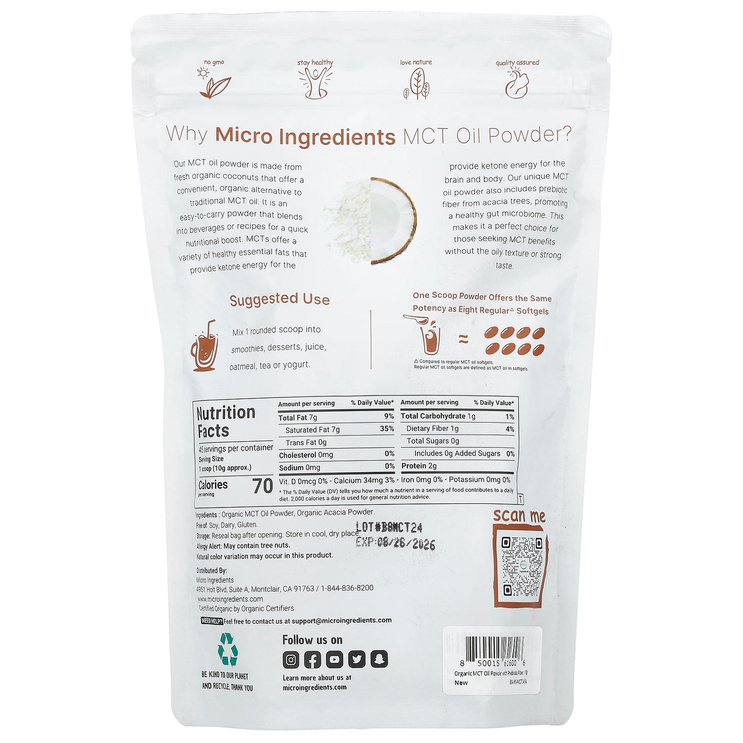 Micro Ingredients, Organic MCT Oil Powder With Prebiotic Fiber, 1 lb (454 g)