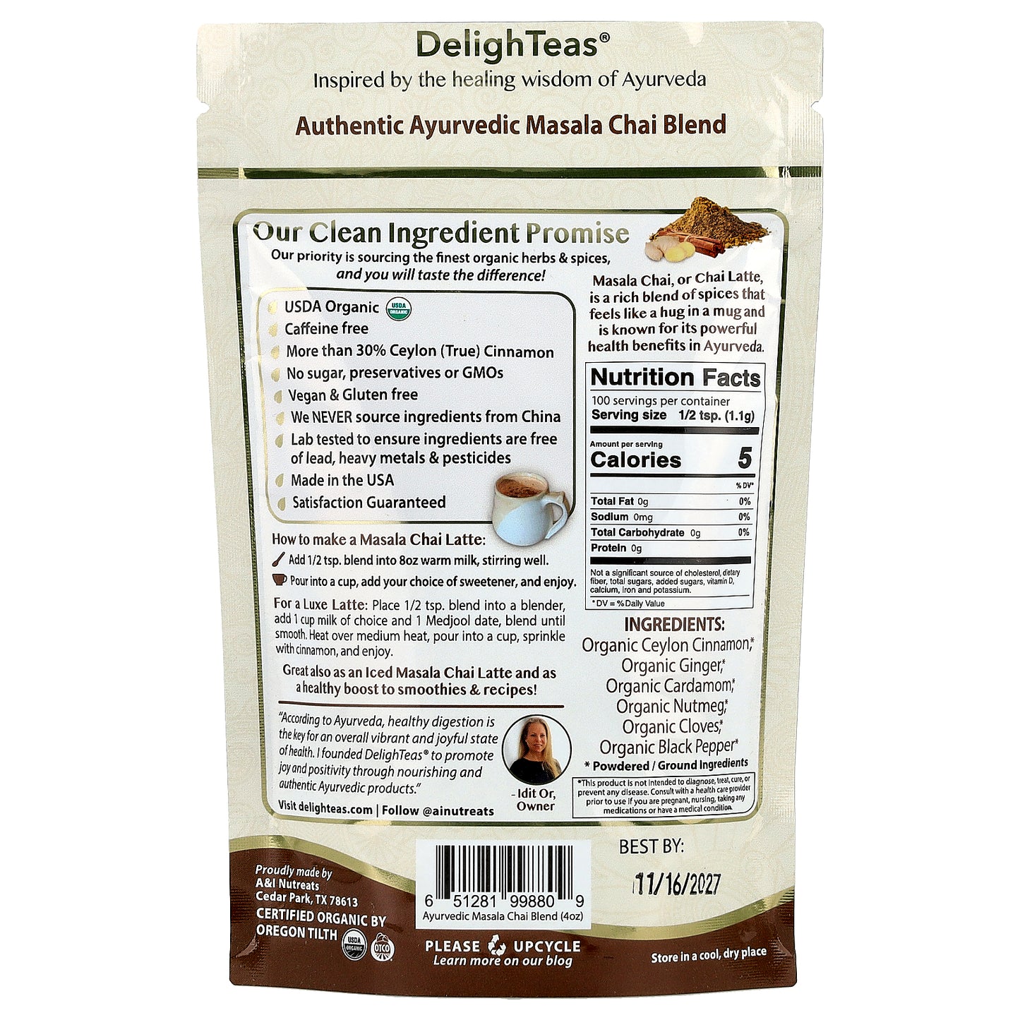 DelighTeas, Ayurvedic Masala Chai Blend, Caffeine Free, 4 oz (113 g)