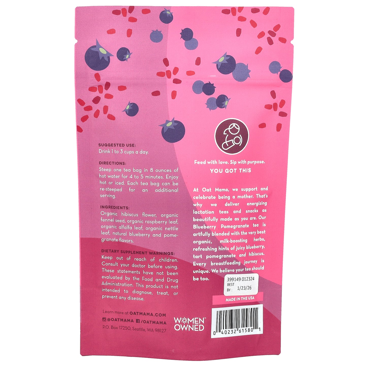 Oat Mama, Lactation Tea, Blueberry Pomegranate, Caffeine Free, 14 Tea Bags, 32 g