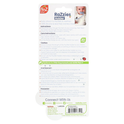 RaZbaby, RaZzies Pacifier Holder, 0m+, Blue/Grey, 2 Holders