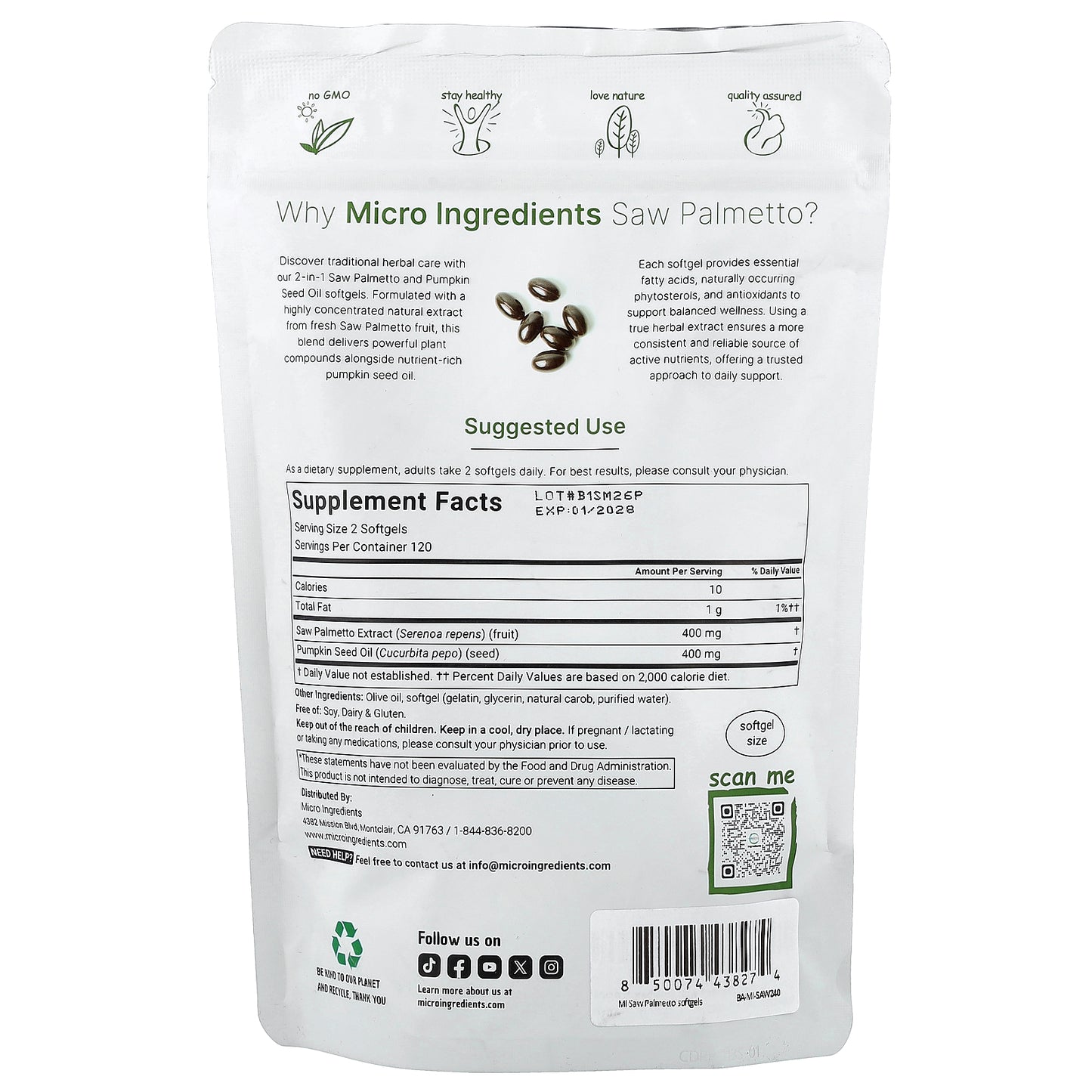 Micro Ingredients, Saw Palmetto with Pumpkin Seed Oil, 240 Softgels